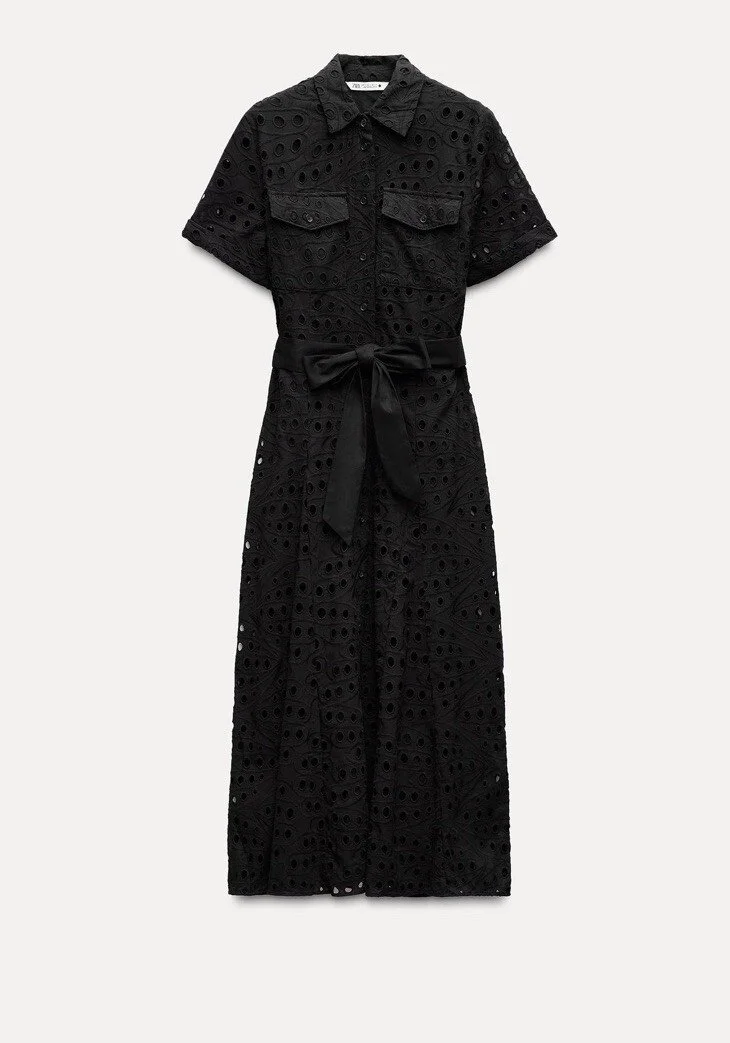 Zara ZW Collection Embroidered Midi Shirtdress in Black
