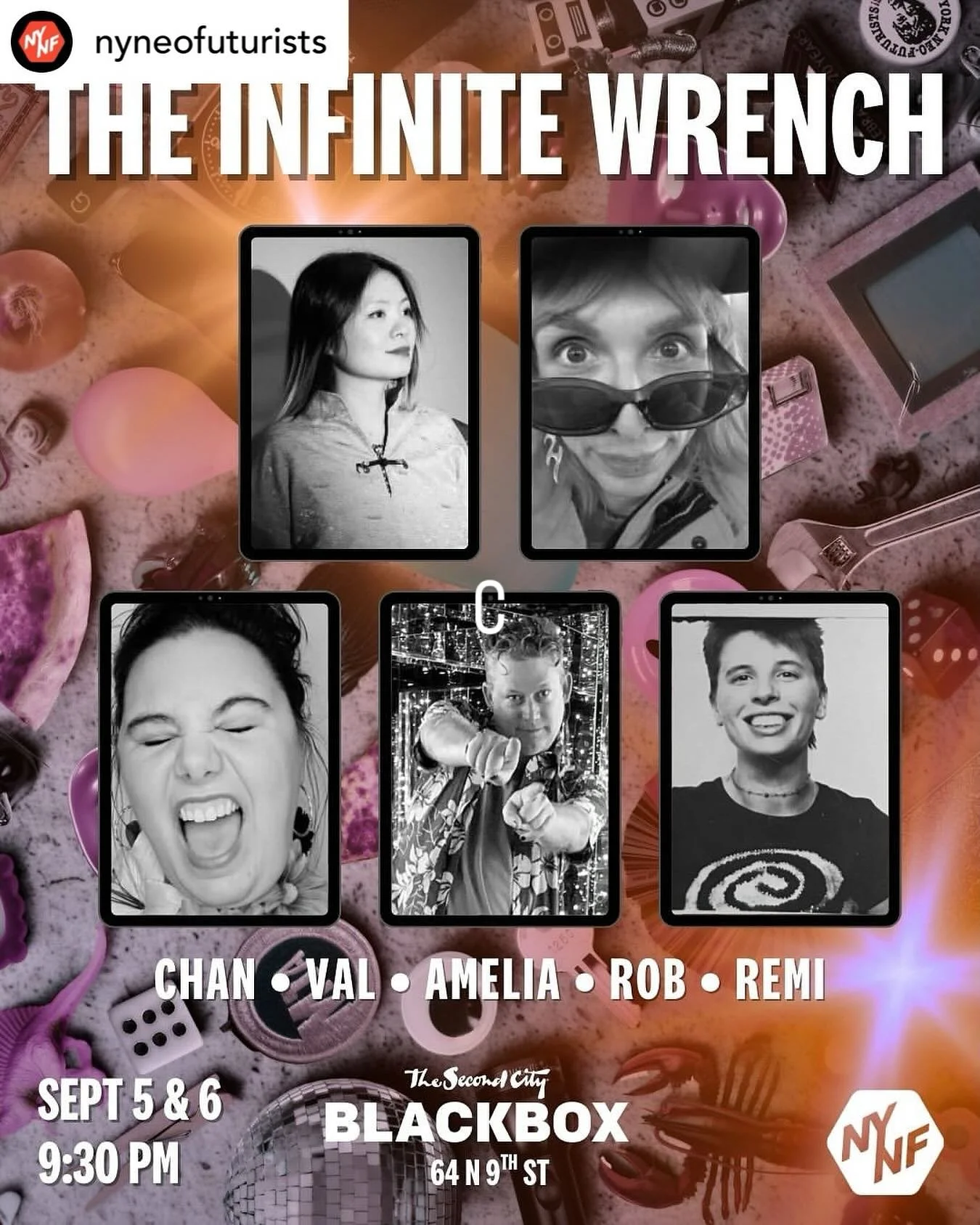 Come on, People! THIS weekend&mdash;2 more nights &bull; RePosted @nyneofuturists Back to school. Two tongues. Vampire diaries. Comedic assimilation. THE INFINITE WRENCH at @secondcitynyc with @ameliafbeth, @chan_infj, @astronautone, @val___ramz, and