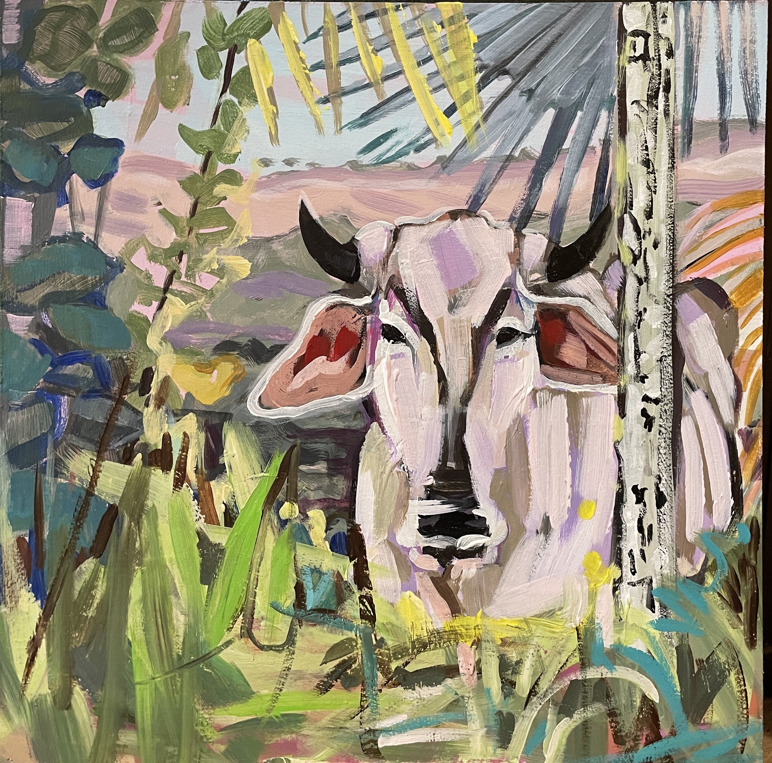 VACA WATCHING OVER ME - 12" x 12", Acrylic on Panel, SOLD