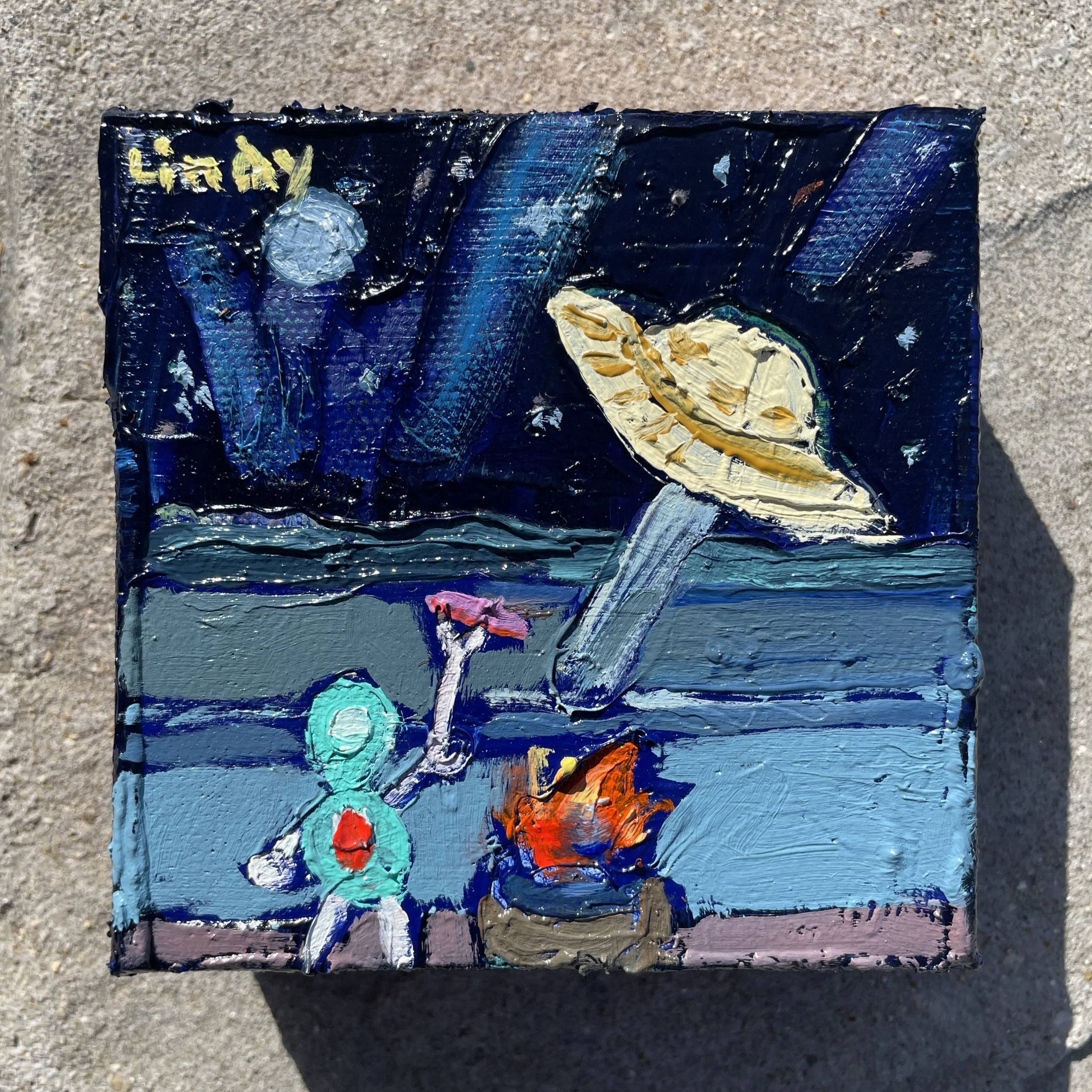 TABLE FOR ONE - 4x4x1.5, acrylic on canvas, $200.