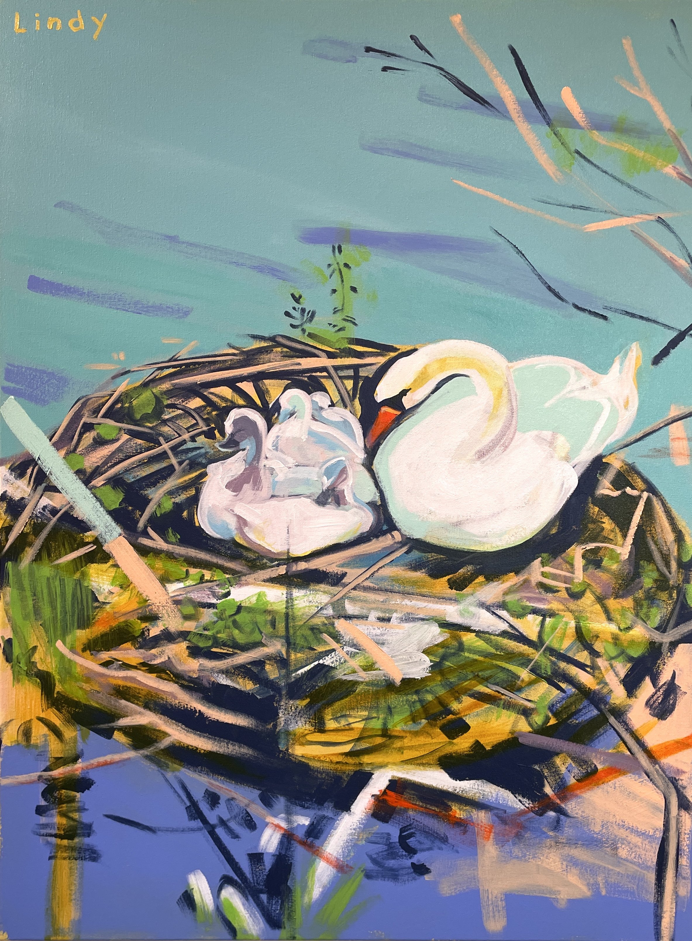 BOARDMAN LAKE SWANS - 40x30x1.25, Acrylic on canvas, $1,650.