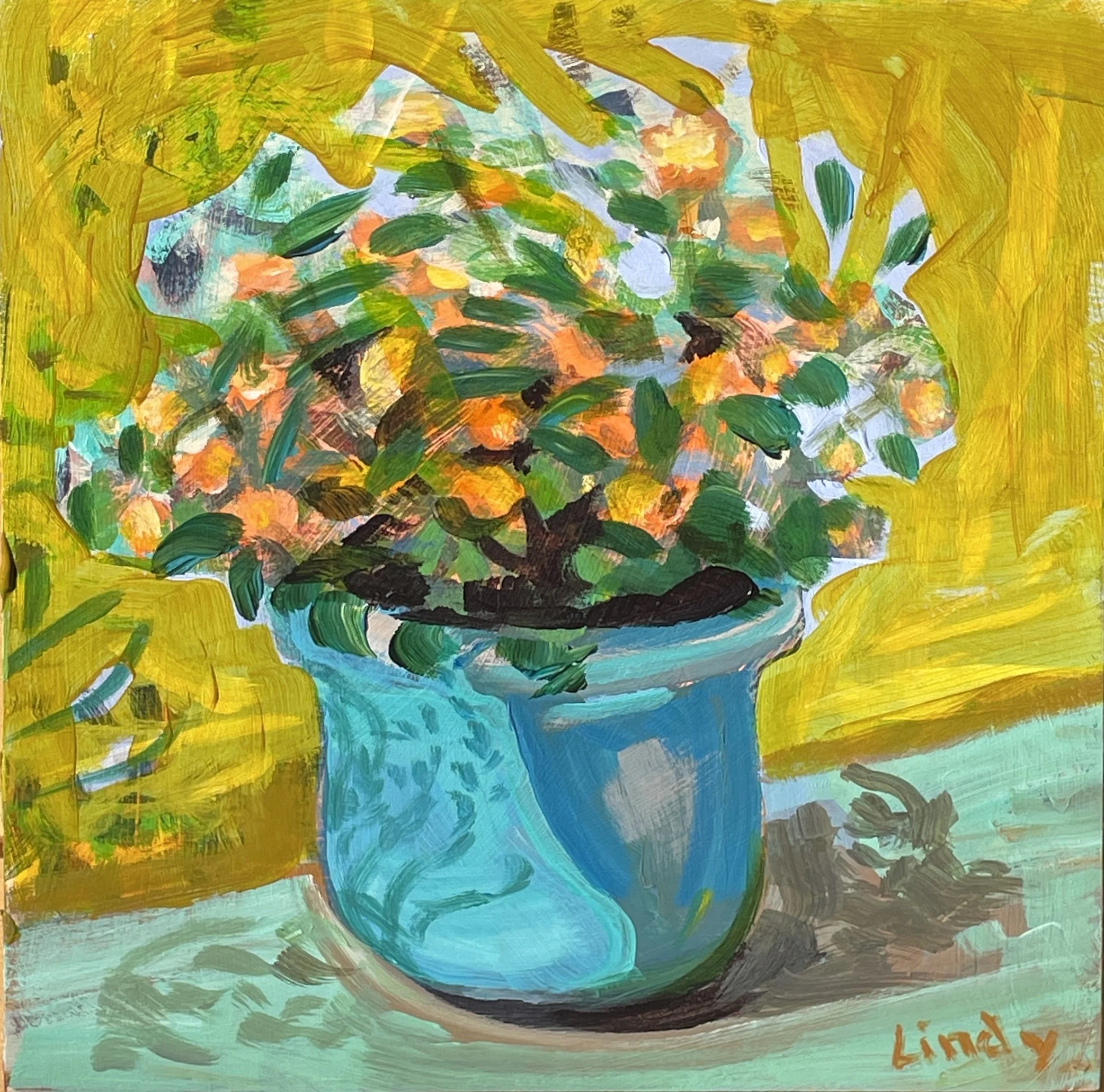 AFTERNOON ON THE PATIO, 8x8x3.4, acrylic on wood cradle, $200.