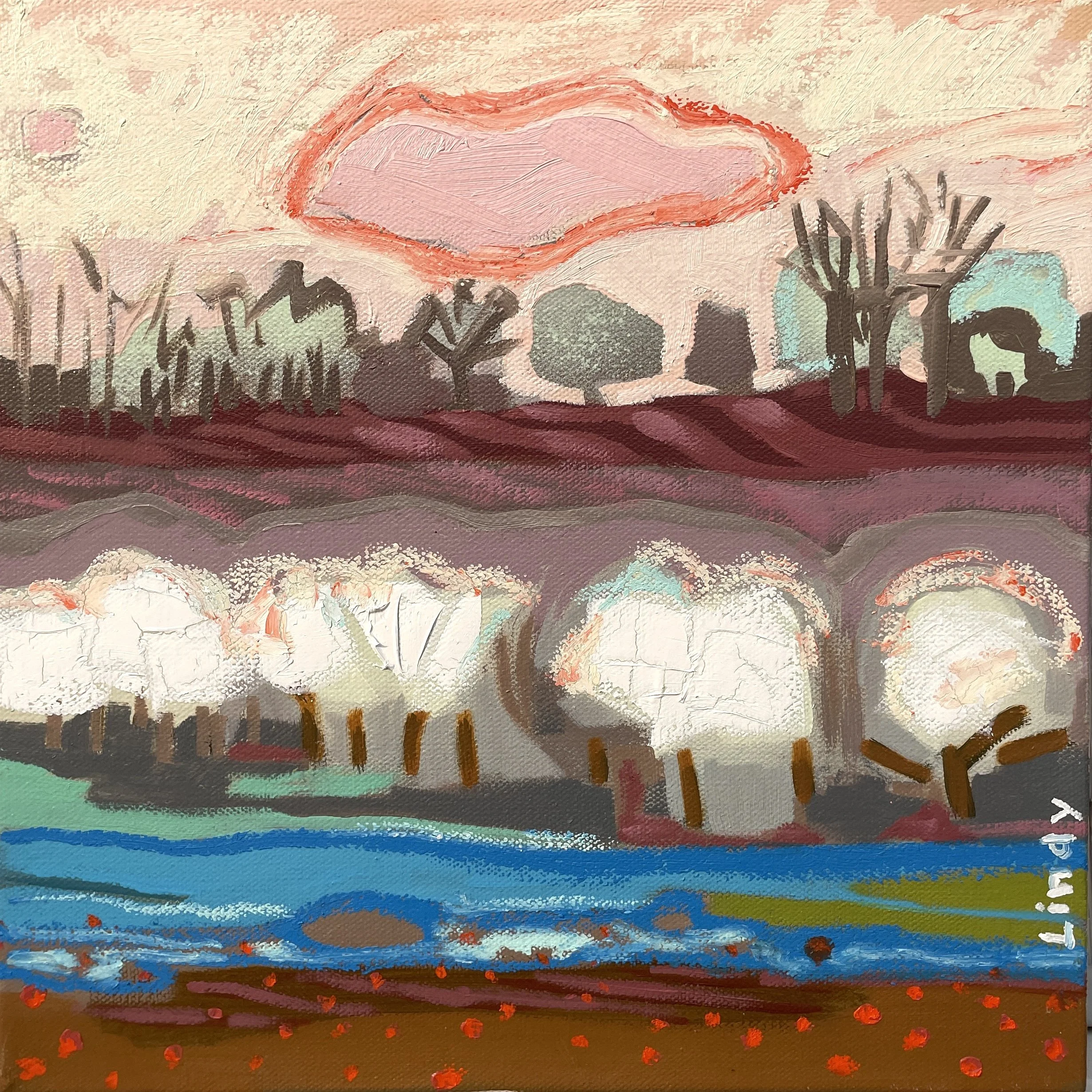 ORCHARD IN MOONLIGHT- 12x12x1.5, acrylic/oil on canvas, $325.