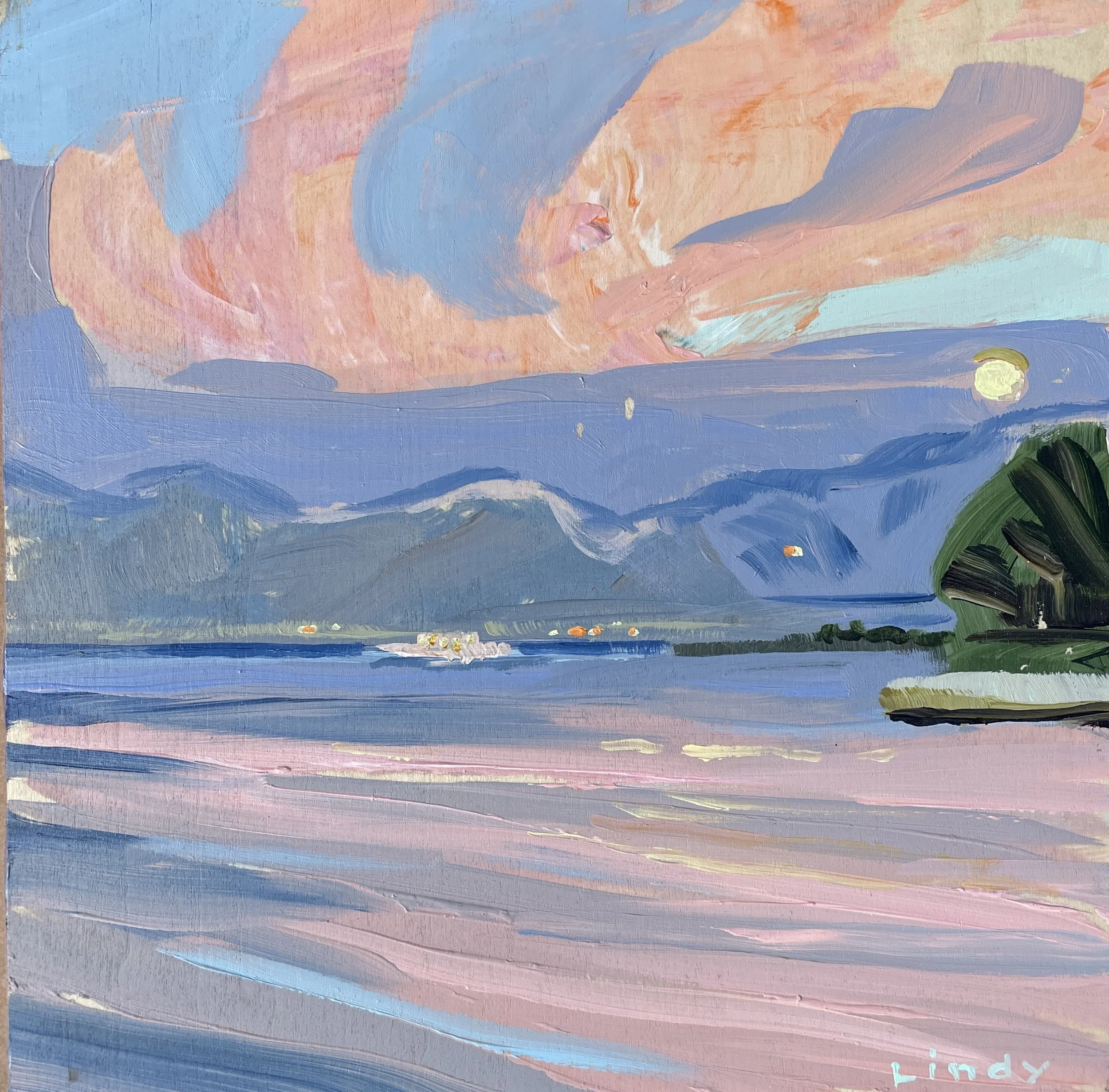 SUNSET AT SULTIVAN - 6X6, acrylic on gesso board, $175.