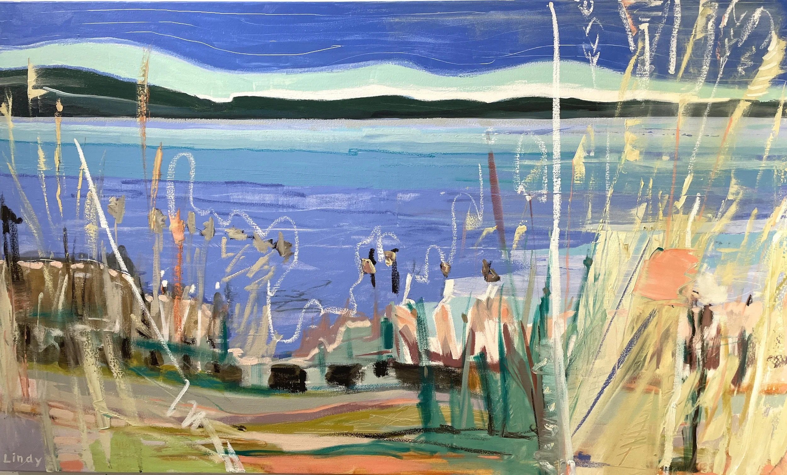EVENING AT MAPLE BAY BEACH- 36"x60"x1.25", acrylic and oil on canvas, $3,000.