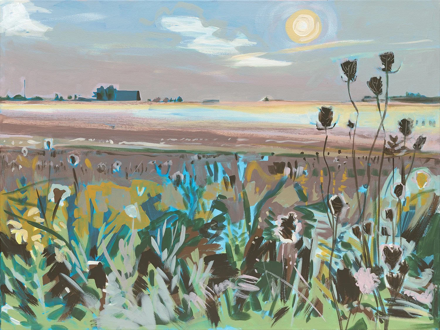 SUNRISE ON FALL FIELD- 36x48x1.5, acrylic on canvas, $2,900..