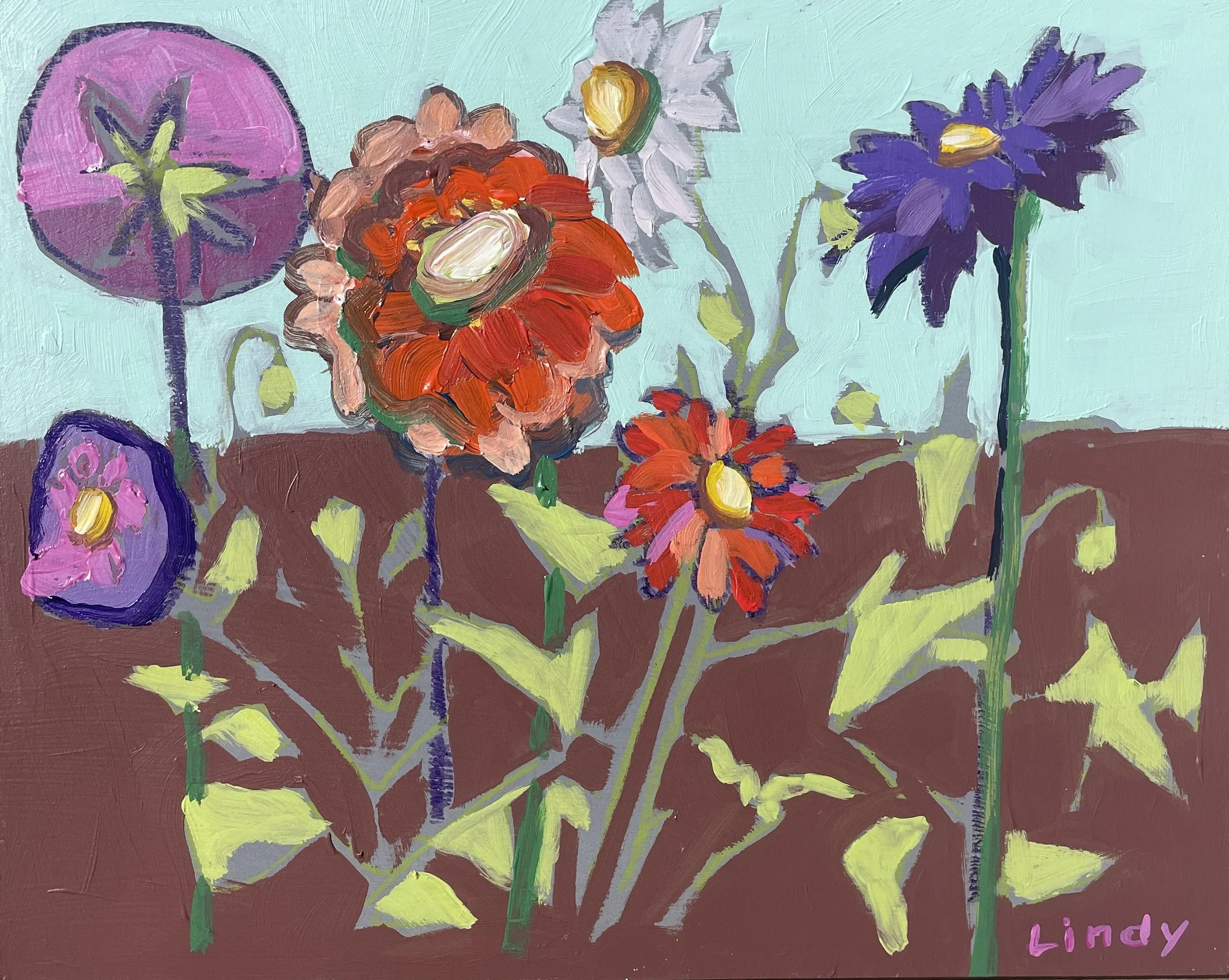 Zinnias and Dhalias- 8X10X1, acrylic on birchbox, $275. 