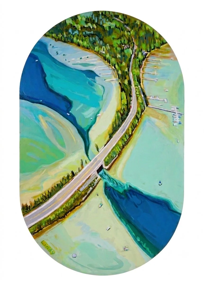 THE NARROWS - acrylic on plywood oval, $2,700.