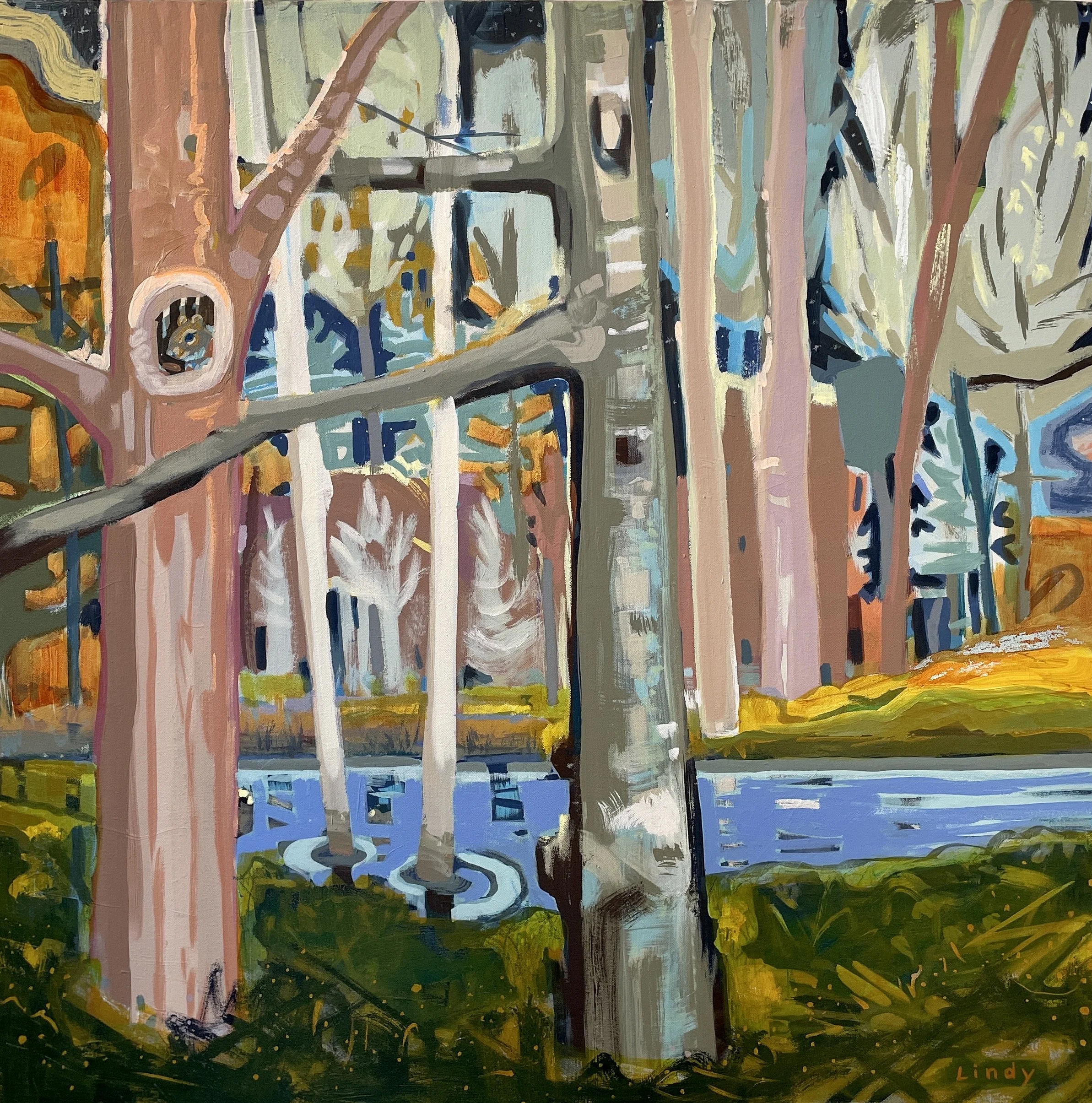Moonlight On Petobego Pond- 36x36x1.5, acrylic on canvas, $1,750.