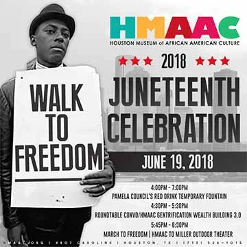 HMAAC’s 6th Annual Walk to Freedom honoring the historical travel of freed slaves from Galveston to establish Freedmen’s Town in Fourth Ward Houston. After a program on Juneteenth at the museum during which they are given tickets to the Miller Outdoor Theater concert, celebrants walk to Miller Outdoor Theater for the reading of the Emancipation Proclamation and concert.