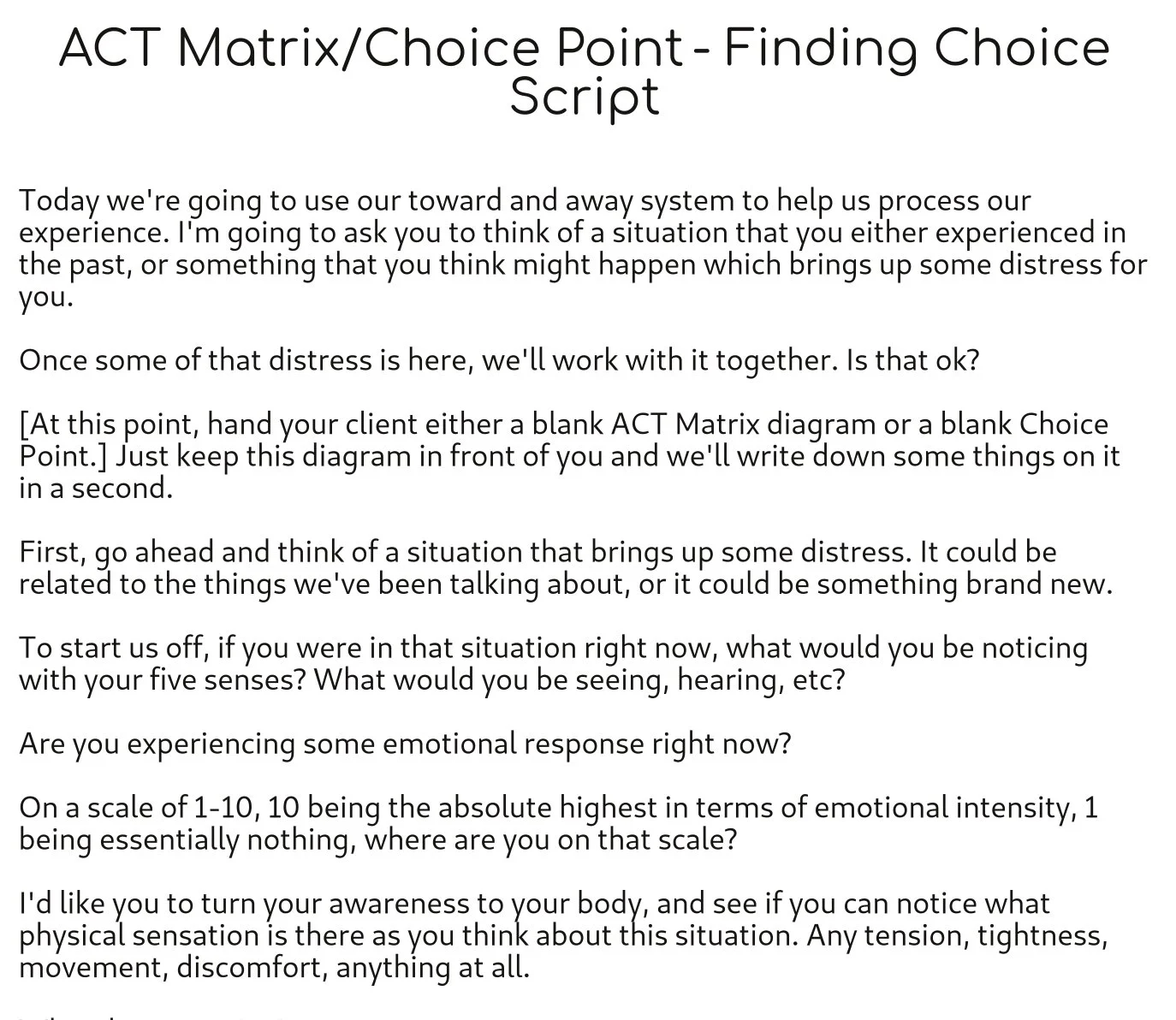 ACT Matrix / Choice Point Emotion Efficacy Script Finding Choice