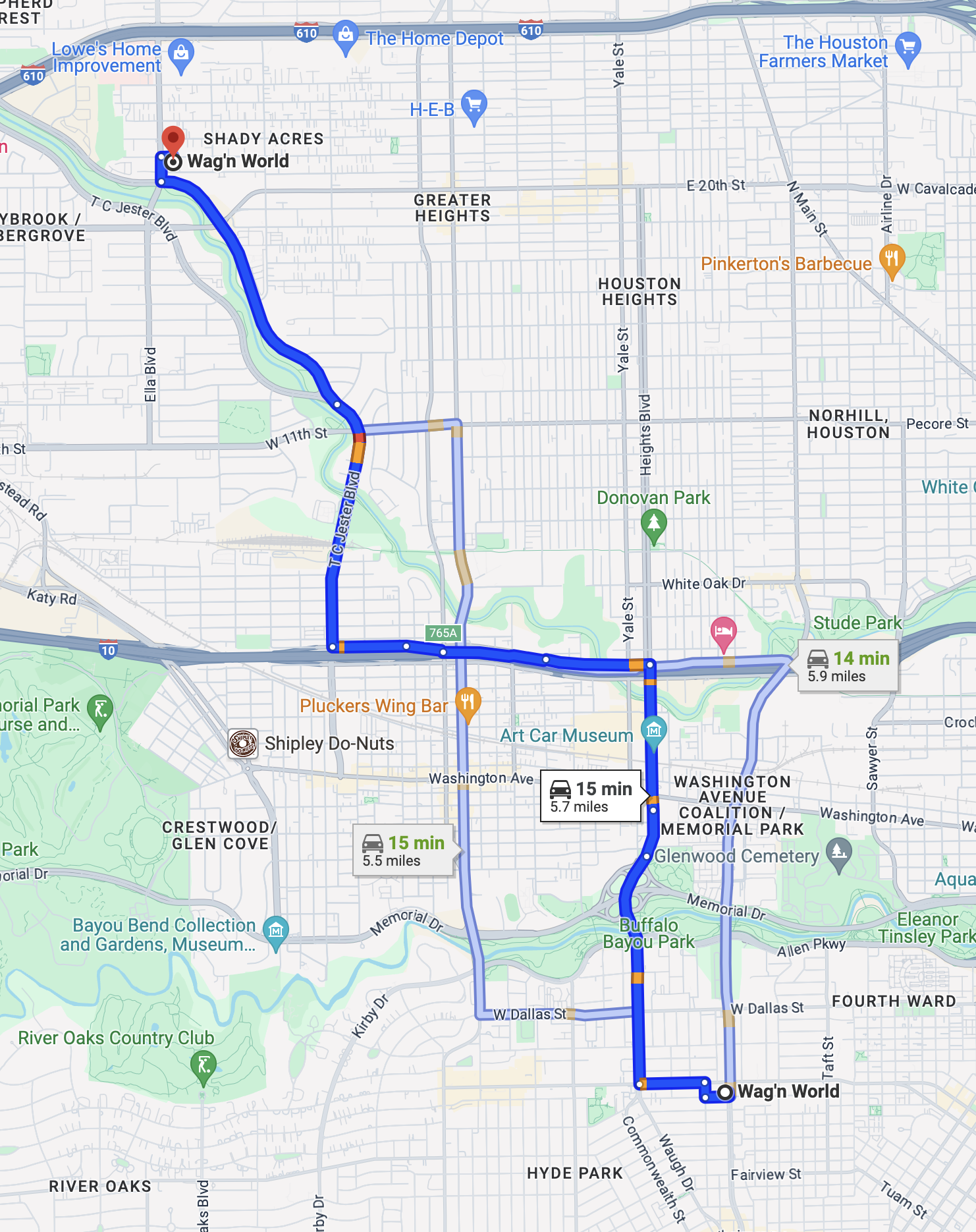 Route between Wag'n World Heights and Montrose Houston locations