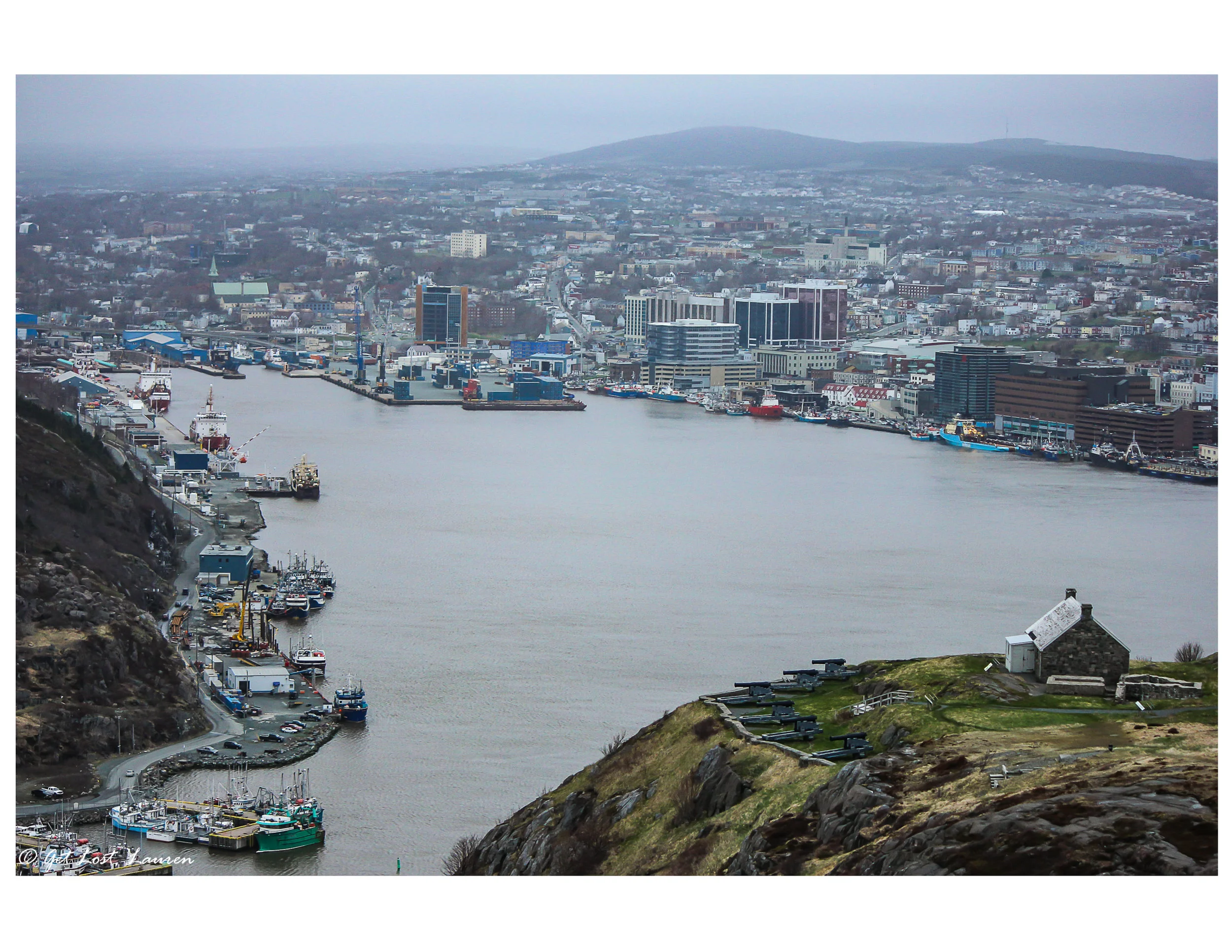 Closer look at the harbor and downtown St. John's from Signal Hill.