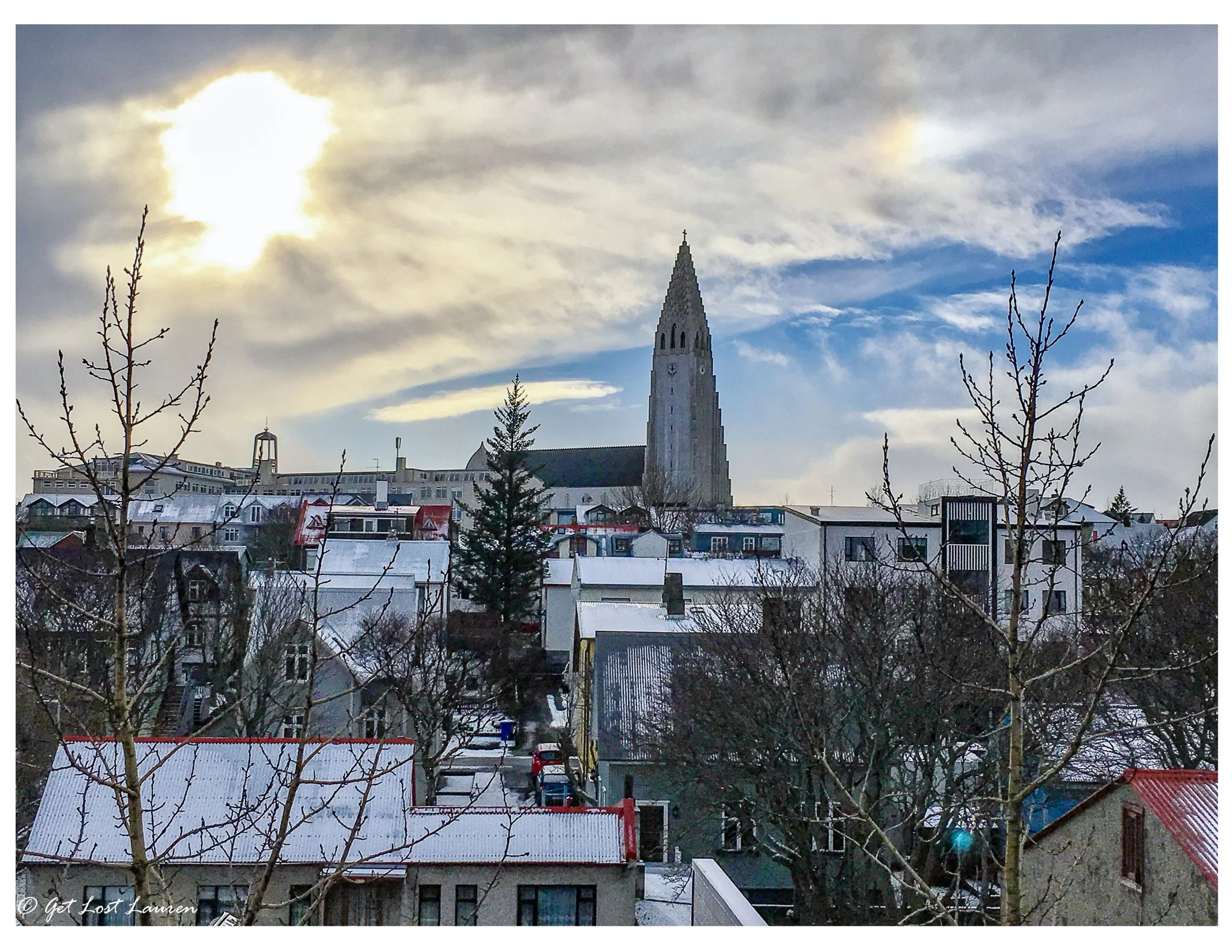 View of Hallgrímskirkja church in Reykjavik the day of our arrival from our penthouse apartment rental.