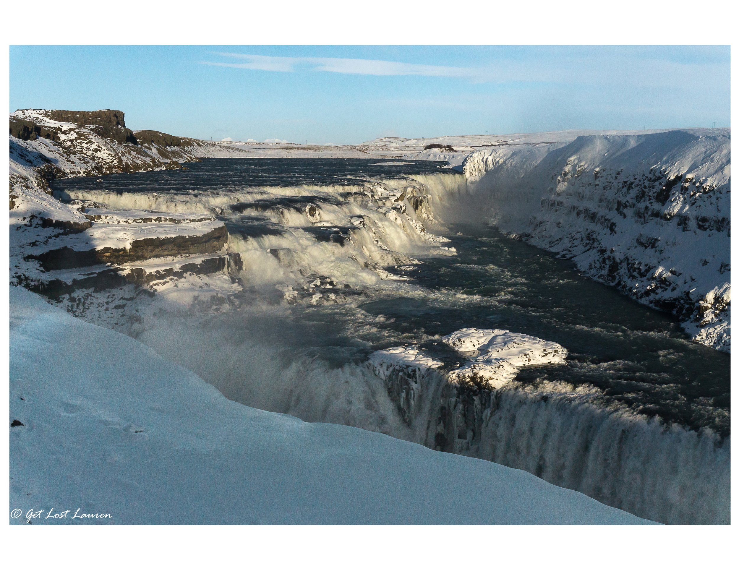 Gullfoss waterfall on the Golden Circle. Because we rented a car, we were able to work around all the road closures to see it. Many who booked tours were cancelled.