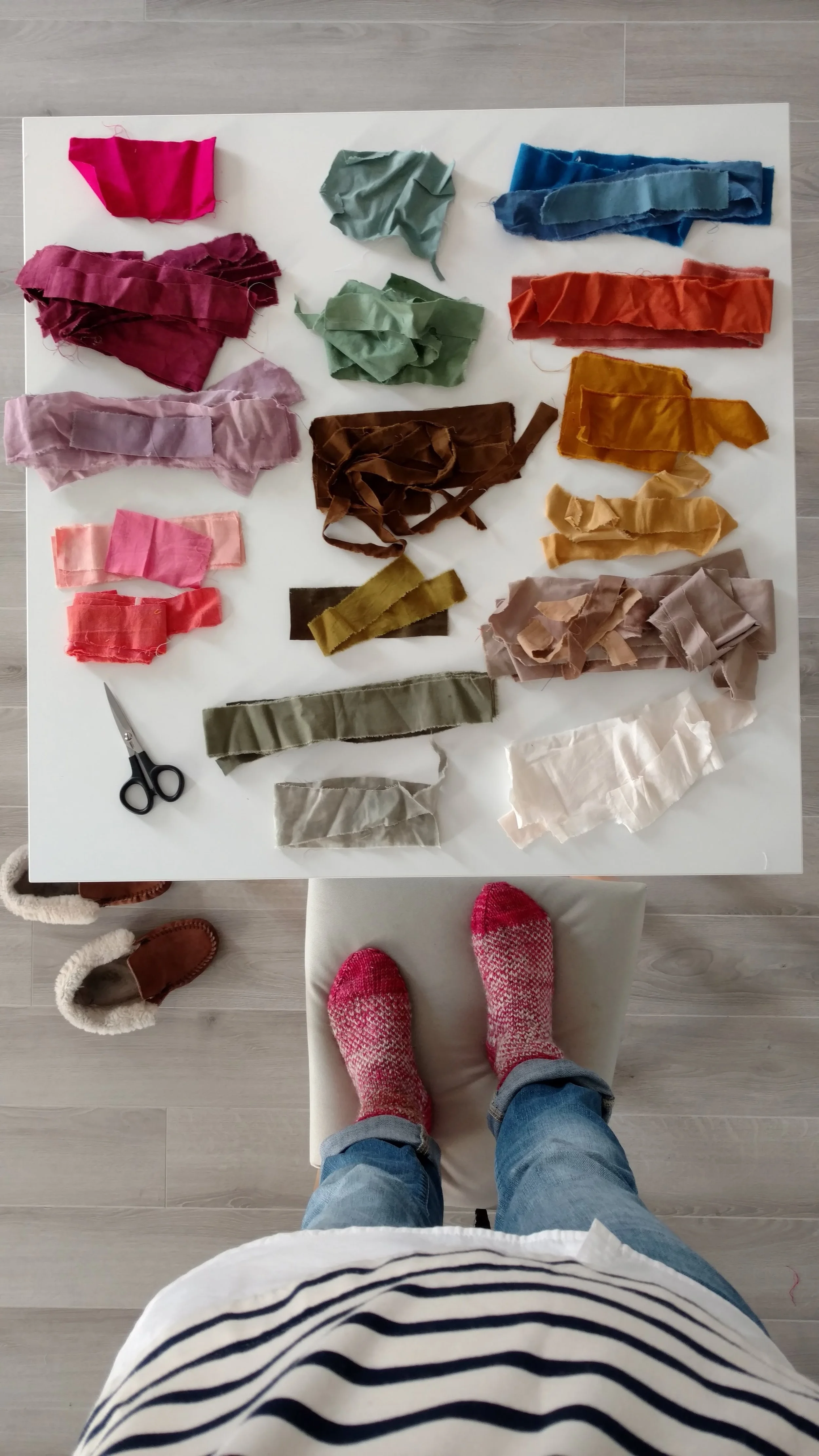 Sorting scraps by color. 