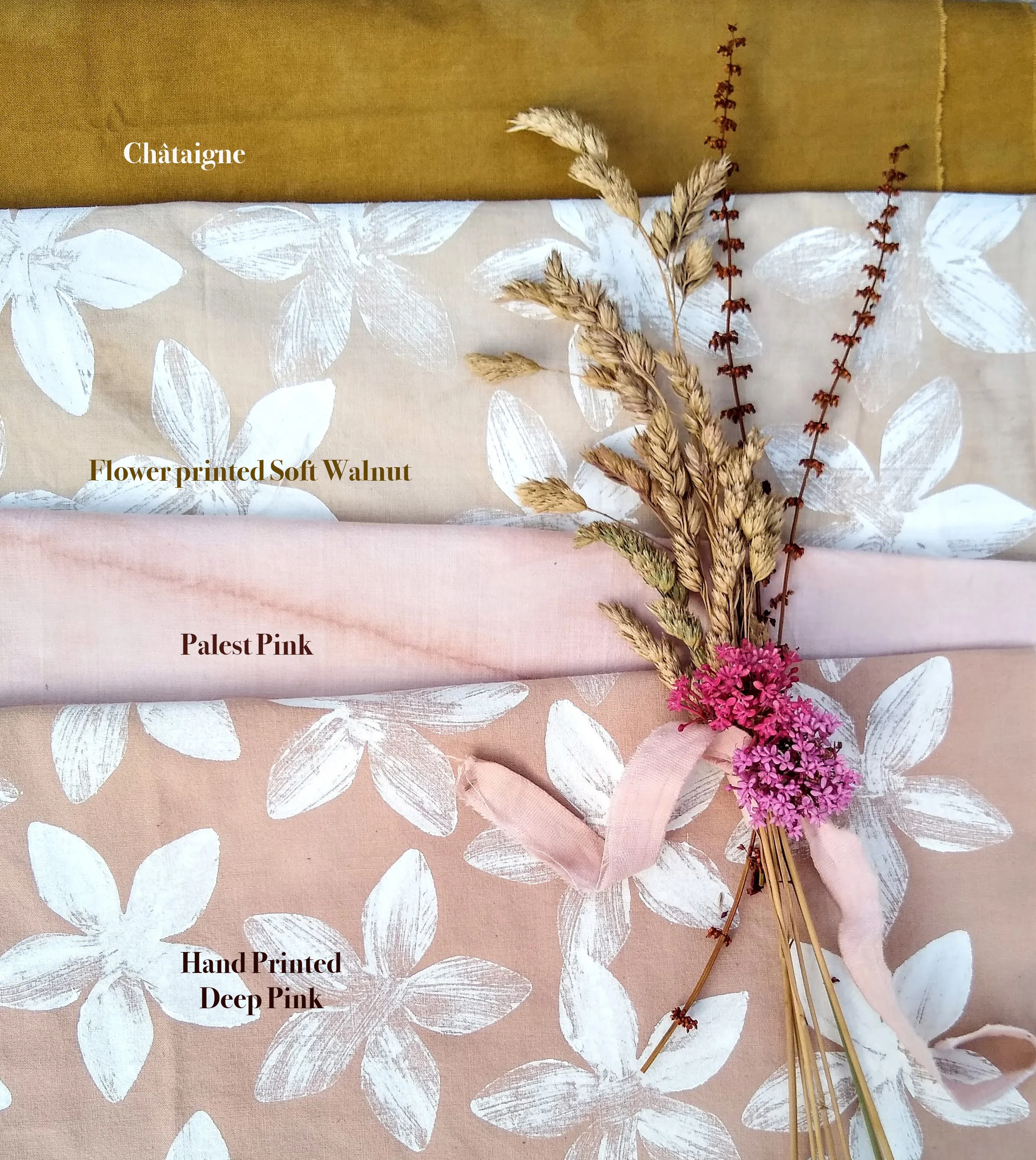 SMT hand dyed fabric in natural shades of botanical dyes: walnut and avocado with a procion dye ‘pop’ on top.