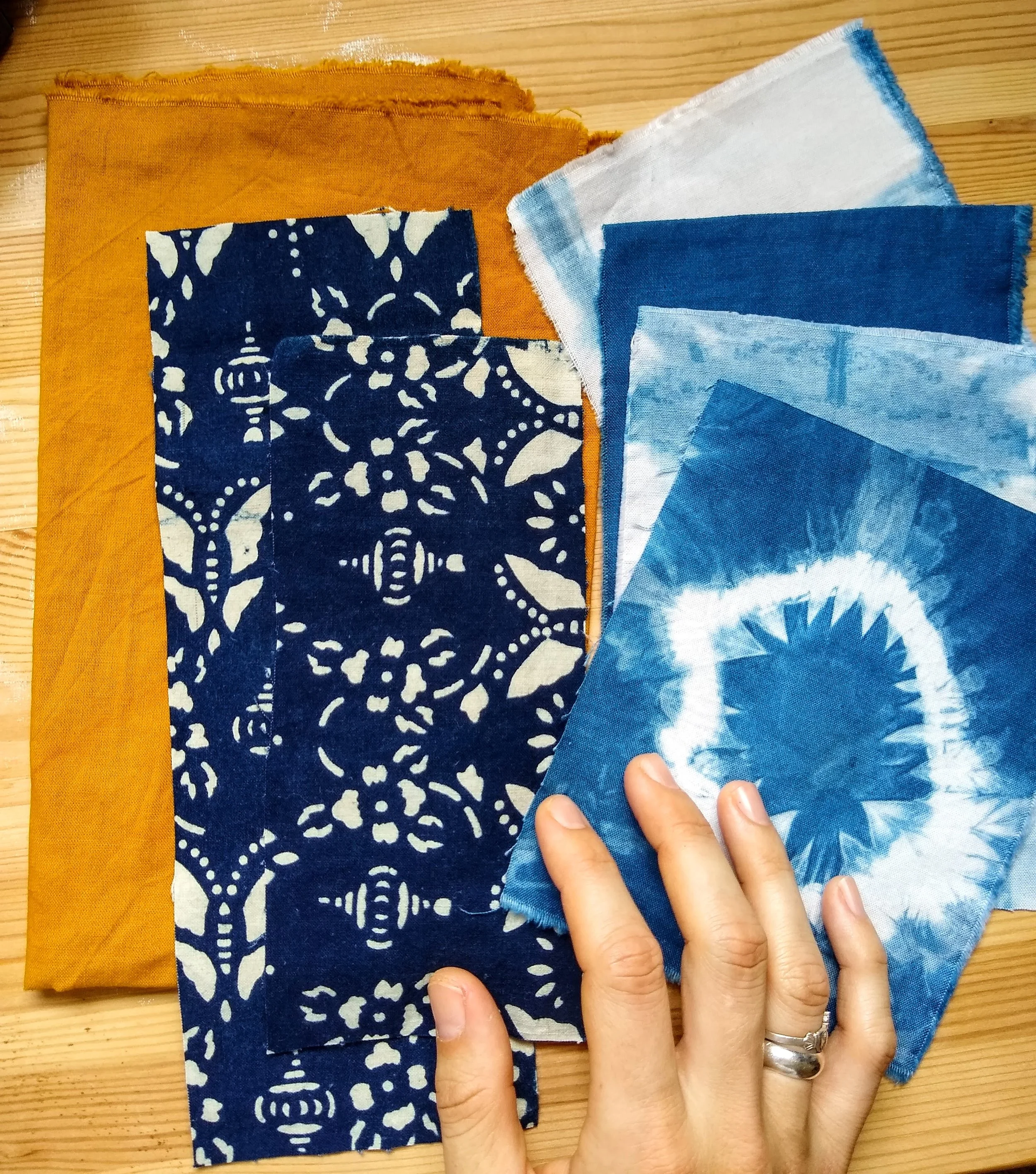 Currently my favorite combo: hand dyed indigo on the right, Monk’s Robe yellow in the back, and my vintage Japanese fabric (of course).
