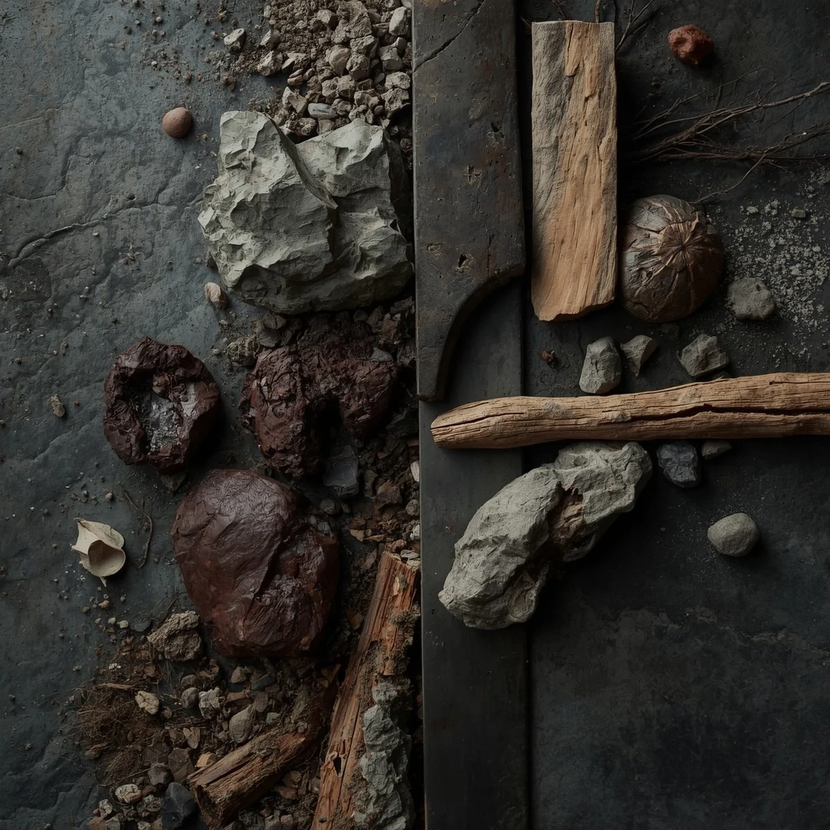 Raw textural composition with dark elemental aesthetic, organic materials like stone, earth, wood, and metal, grounded natural elements, moody atmospheric lighting, creative abstract arrangement, tactile surfaces.jpg