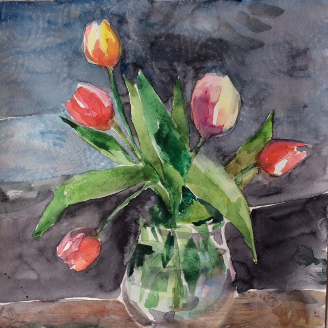Tulips on Grey, 2017, w/c, 12"x12"