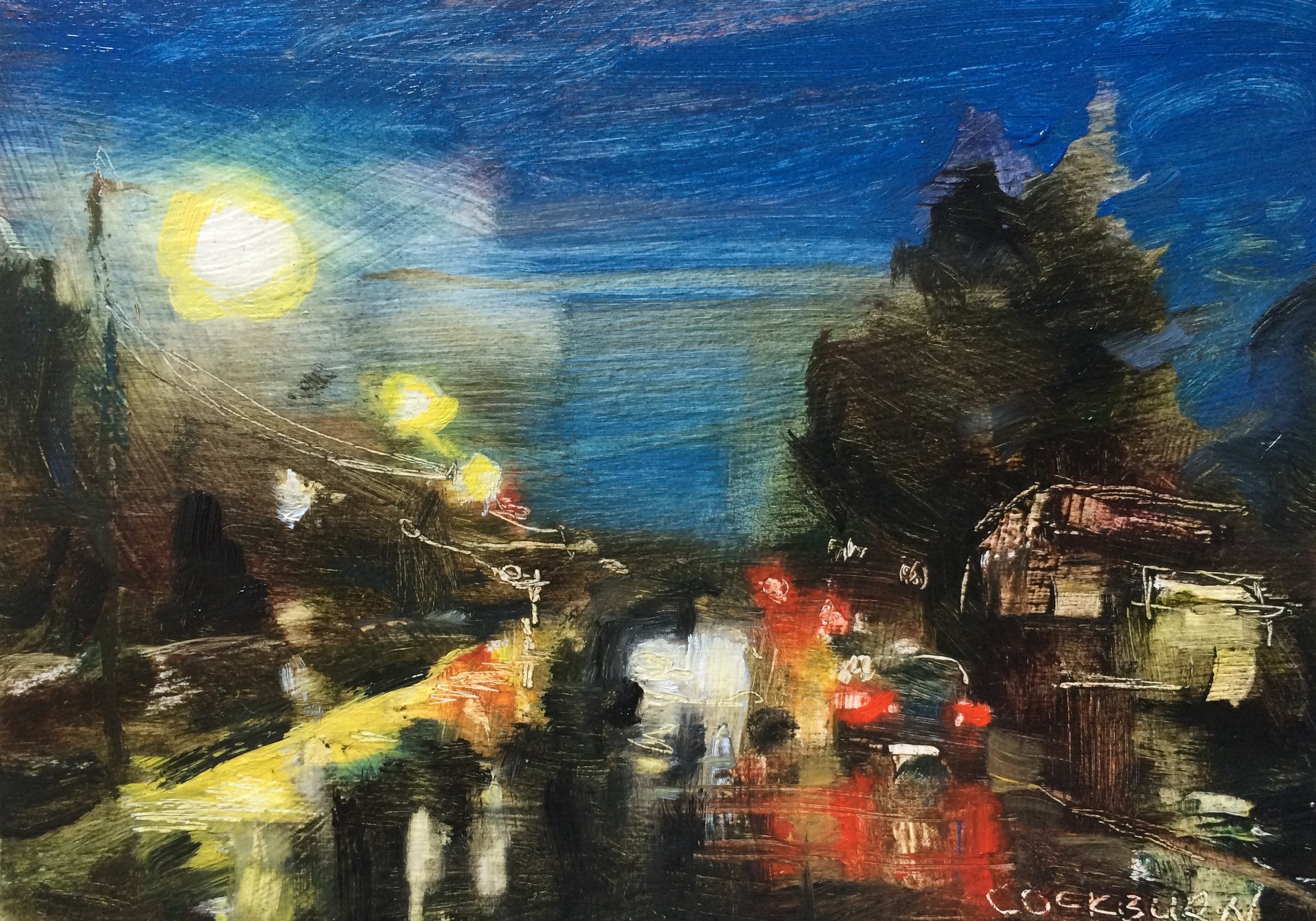 Street at Night, 2017, oil on boxed panel, 5" x 7"