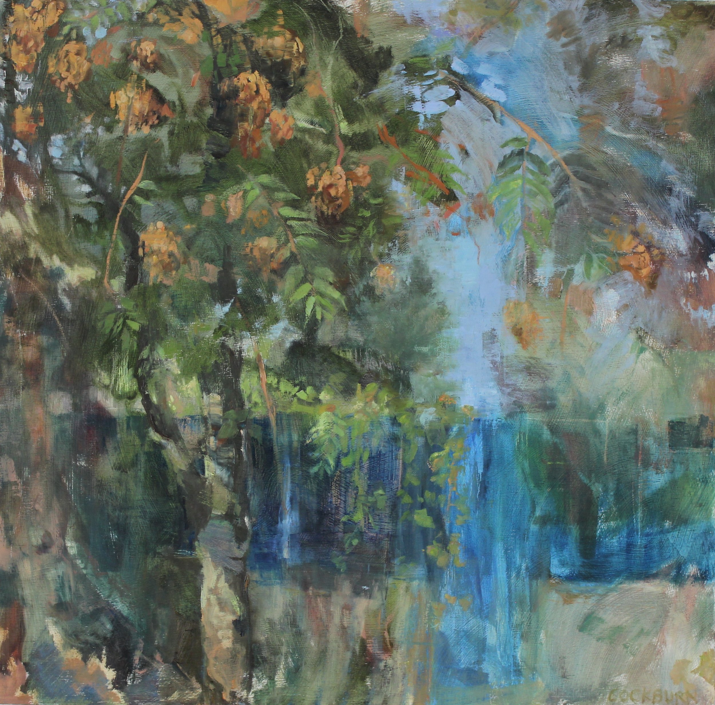 Blue Fence (Tree of Heaven), 2023, oil, 24 x 24