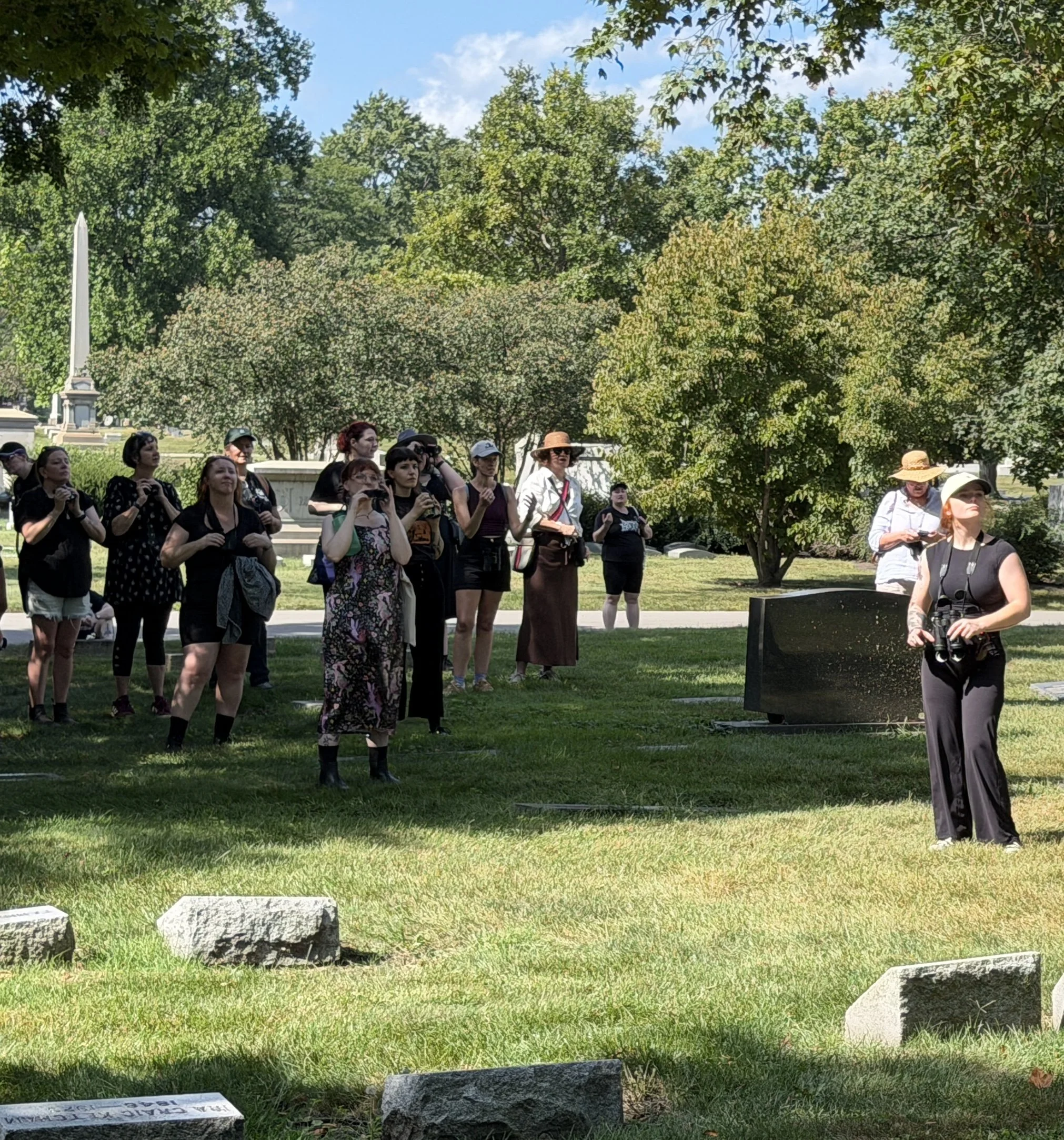 About a dozen people standing among headstones, binoculars in hand, gazing ahead or in the sky, with green trees and blue sky beyond