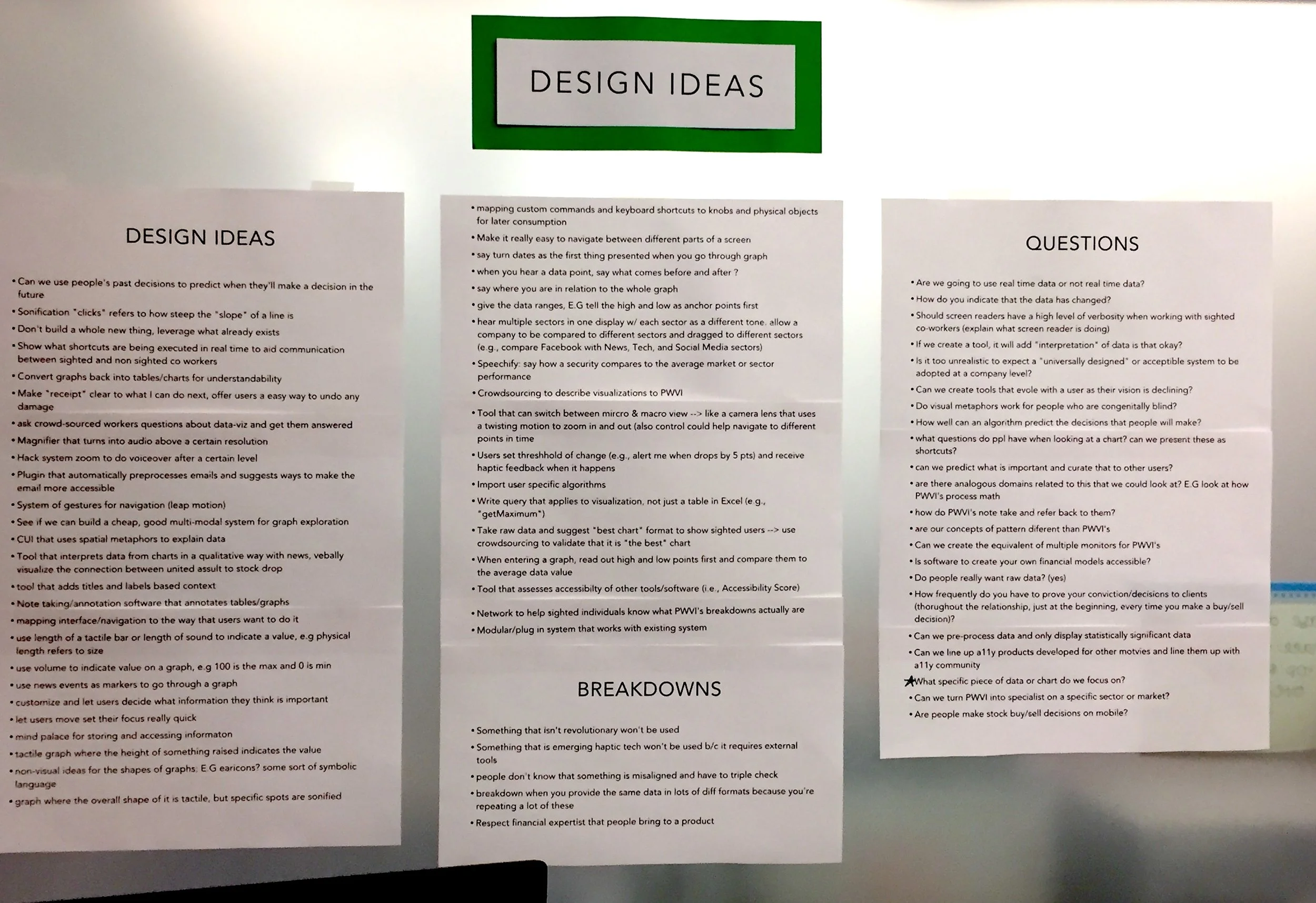 A list of design ideas generated by “walking the wall” of the affinity diagram.