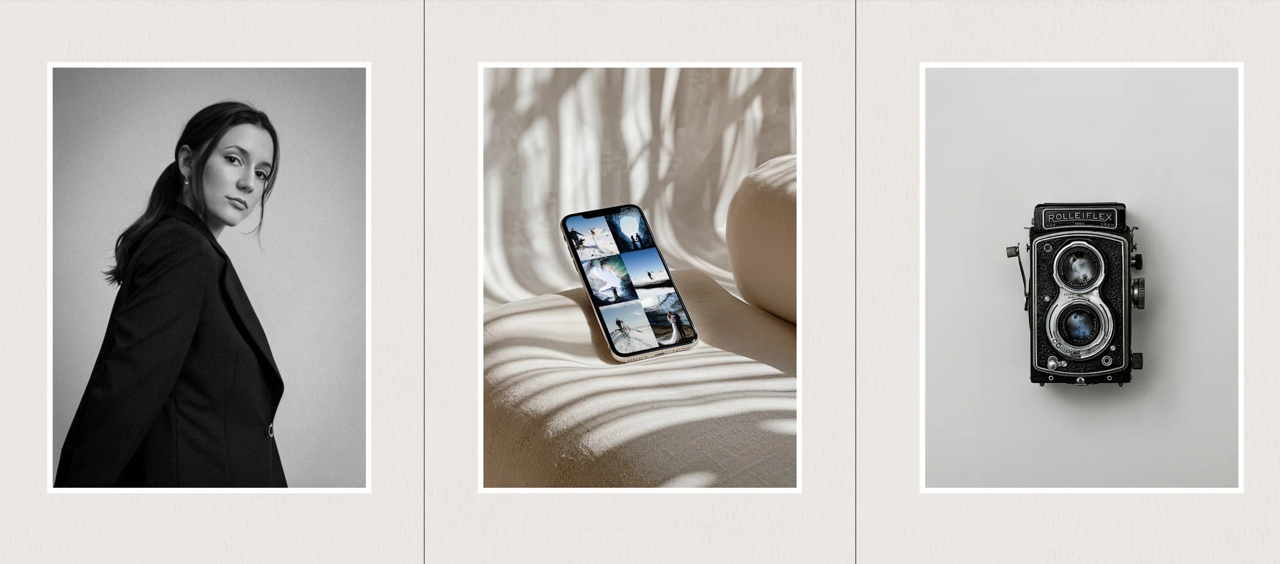 Three-panel image; left: black-and-white portrait of a woman in profile, middle: smartphone displaying gallery images on a sunlit surface, right: vintage Rolleiflex camera on a neutral background.