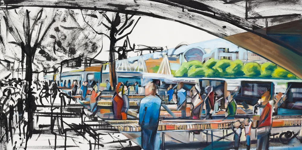 Waterloo Book Vendors, 2018 | Ink & oil on canvas | 100 x 50 cm | £1,000
