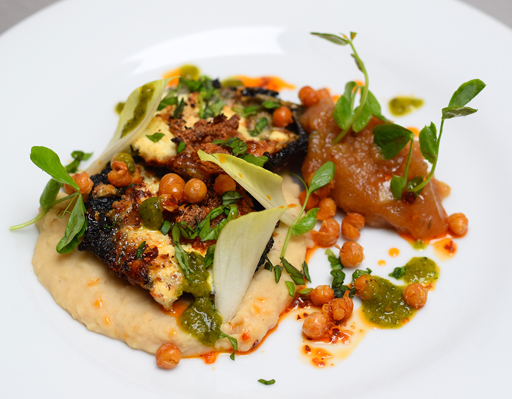 Roasted garlic and blue cheese mushrooms, white bean puree, dukkha spiced apple sauce, crispy chickpeas, red and green chilli and pea shoots