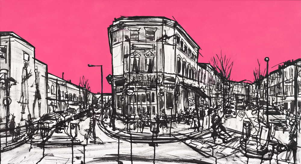 EDT in pink, 2019 | Spray paint & ink on canvas | 55 x 100 cm - Part of my City Punch series