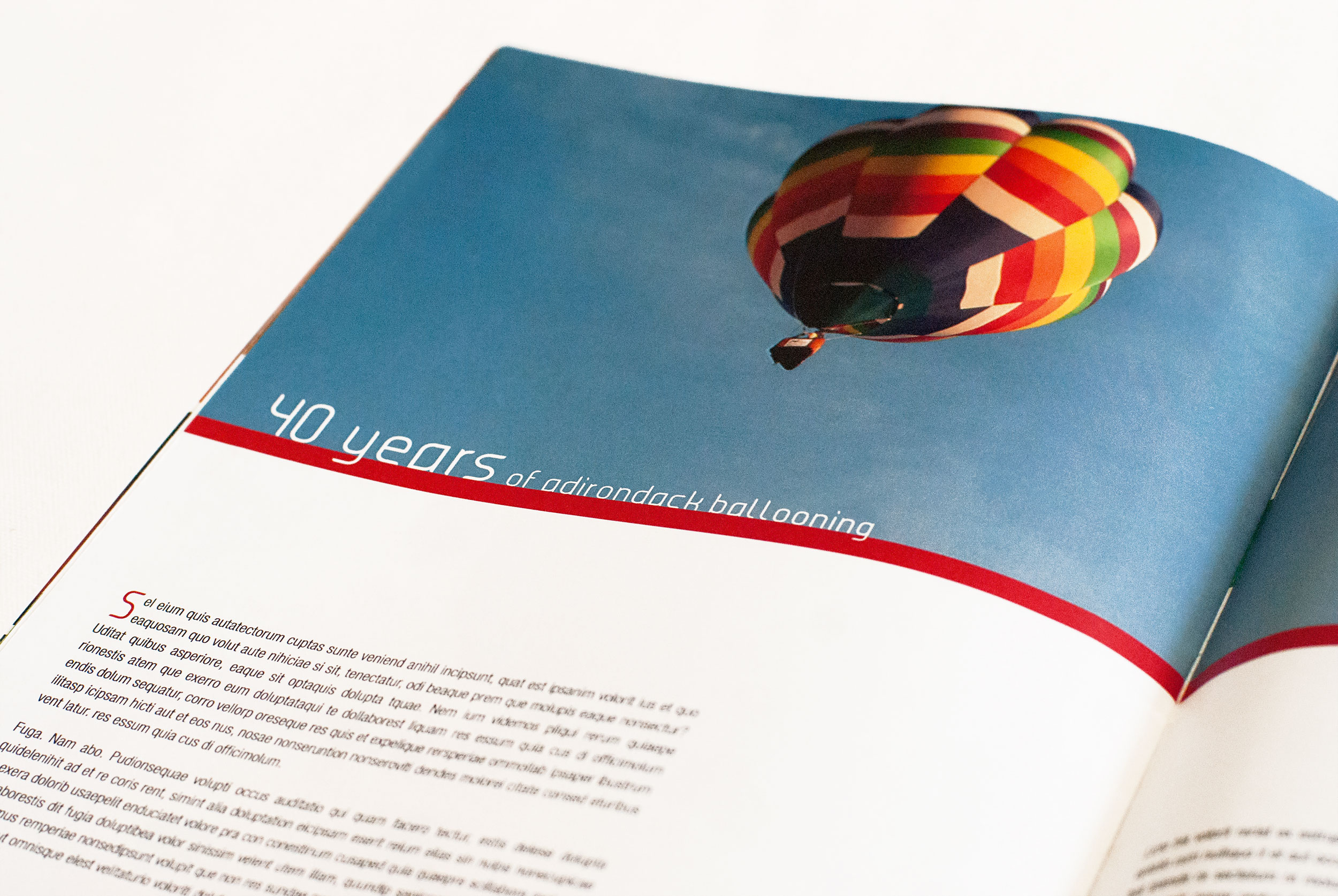 For the featured article in issue #2, which is about a hot air balloon festival, text boxes are used sparingly to emphasize white space. The leading of the type is also modified to create more spacious lines. These design treatments are intended to reflect feelings of lightness and airiness, much like the hot air balloons that the article features.