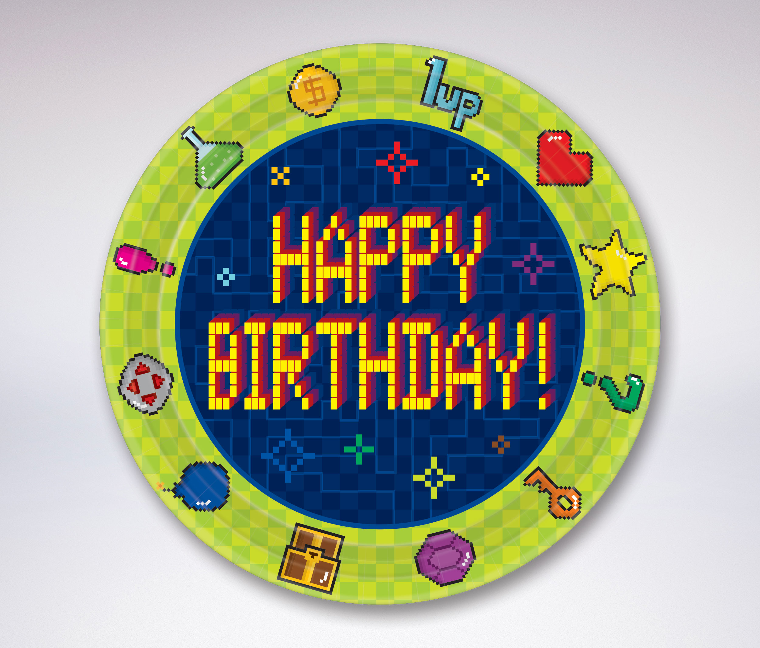 The icons used for the tableware are inspired by a number of retro video games. For example, the gold coin and the yellow star are similar to the icons used in the Super Mario Bros. games. The colorful bursts loosely reference old school space games, such as Galaga and Space Invaders . The blue lines in the background pay homage to the many mazes found in the PAC-MAN games.