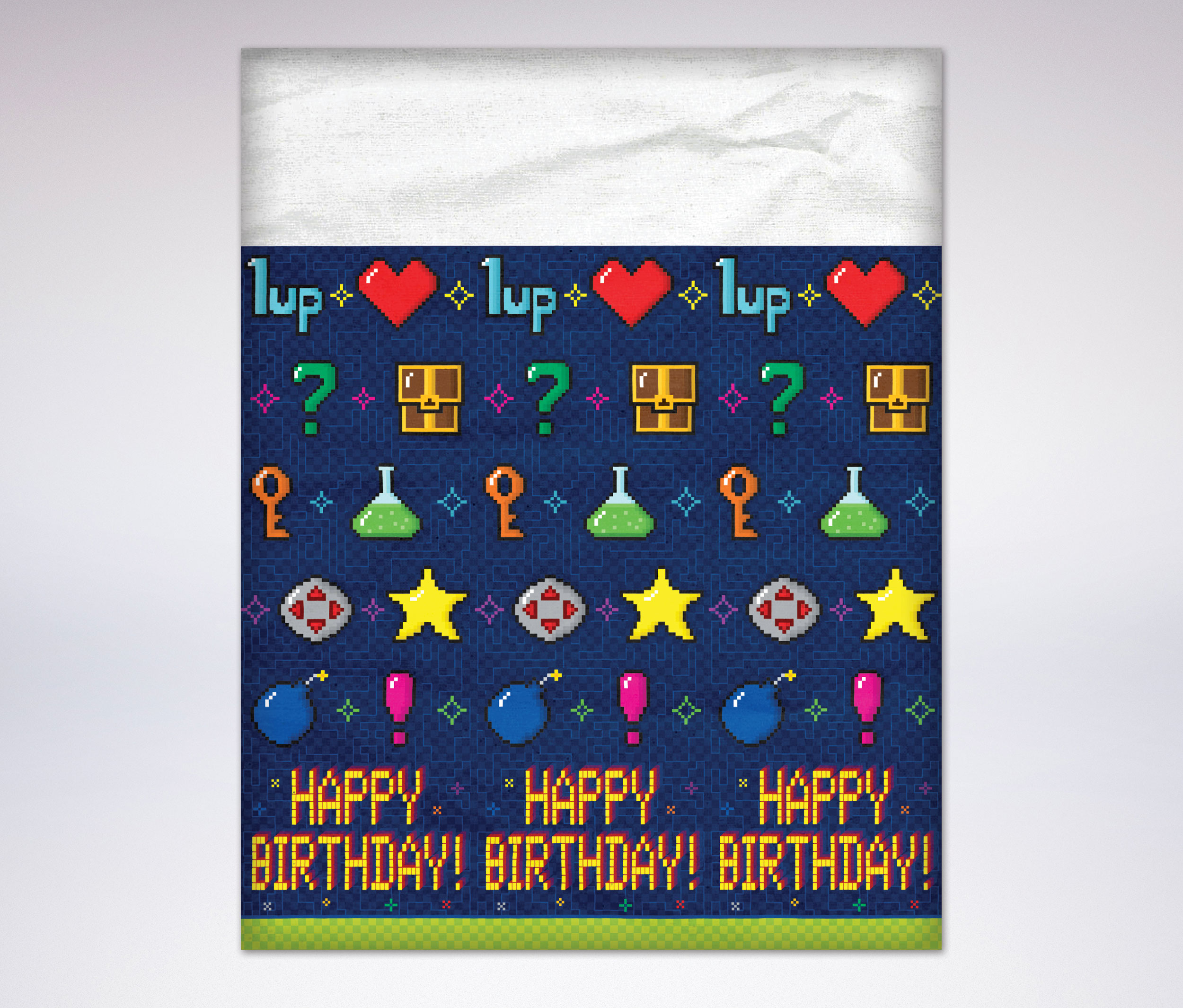 The above image is a section of the full table cover. The white area at the top extends across the entire top surface of the table, while the blue area underneath is the table skirt that hangs over the side of the table. The pattern at the bottom repeats across the entire length of the table.