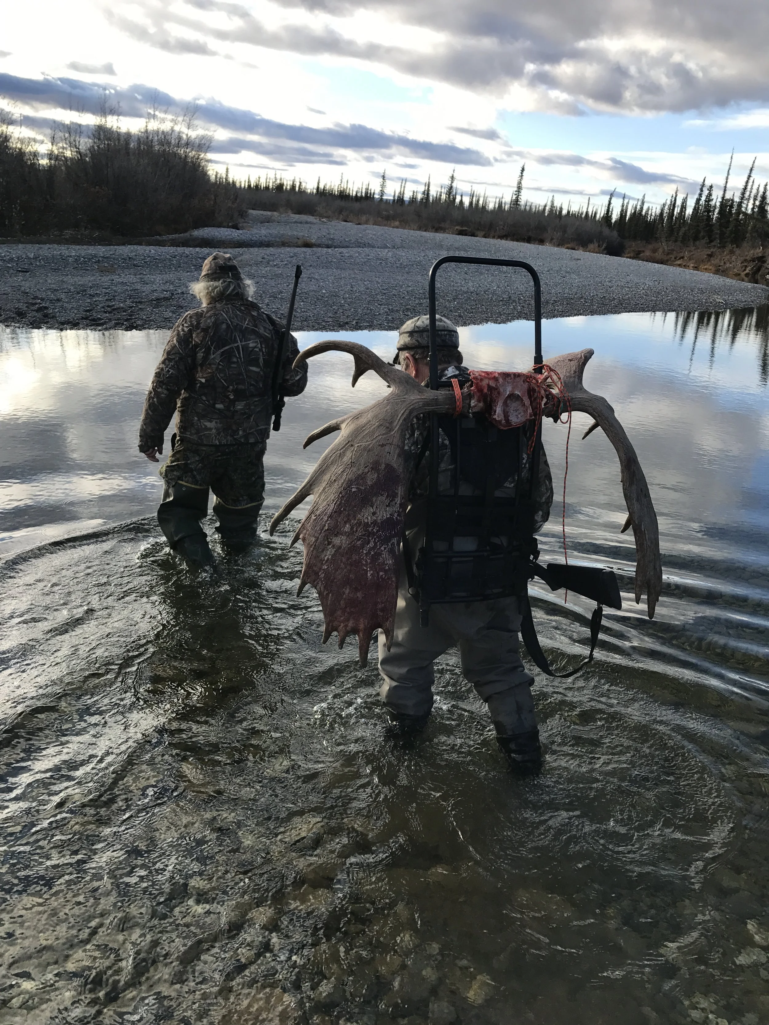 Hunter Dave Hankins brings in his moose antlers on the last load with guide Mark Knapp - Fall 2017