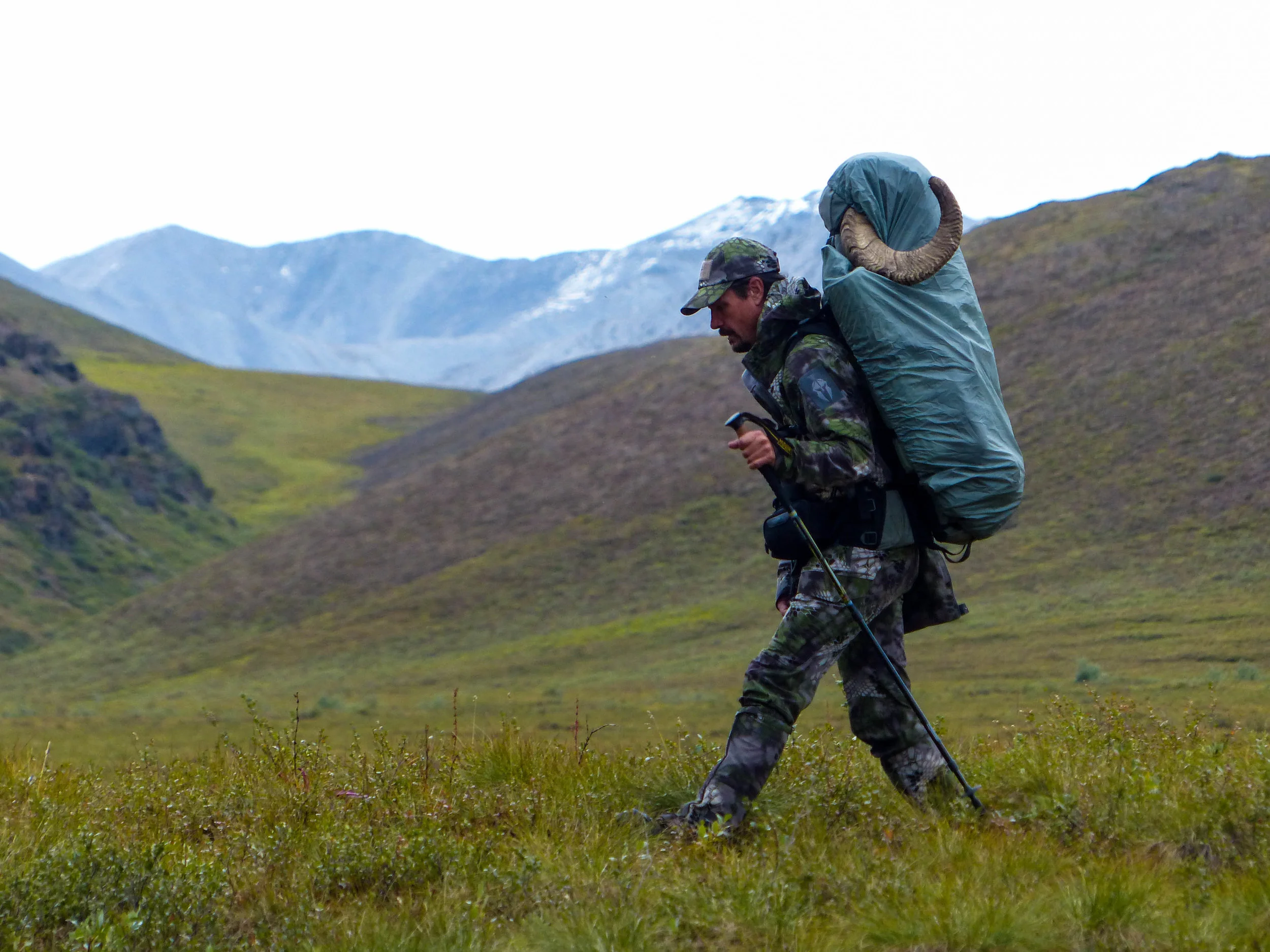 James carries his sheep horns on a pack out, Brooks Range; Fall 2018