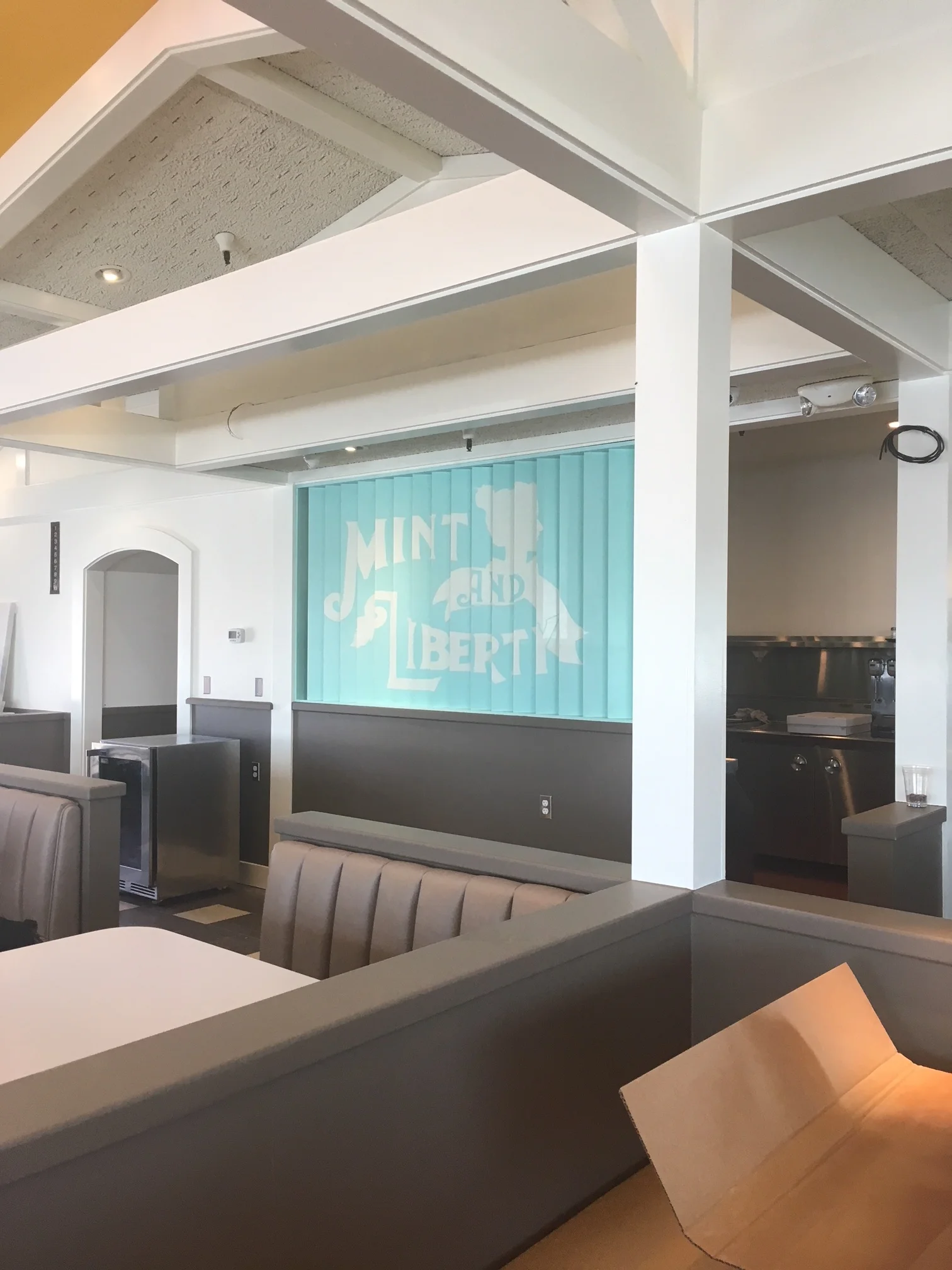  Louvred space divider at Mint and Liberty Modern Diner.  Sonoma, CA 