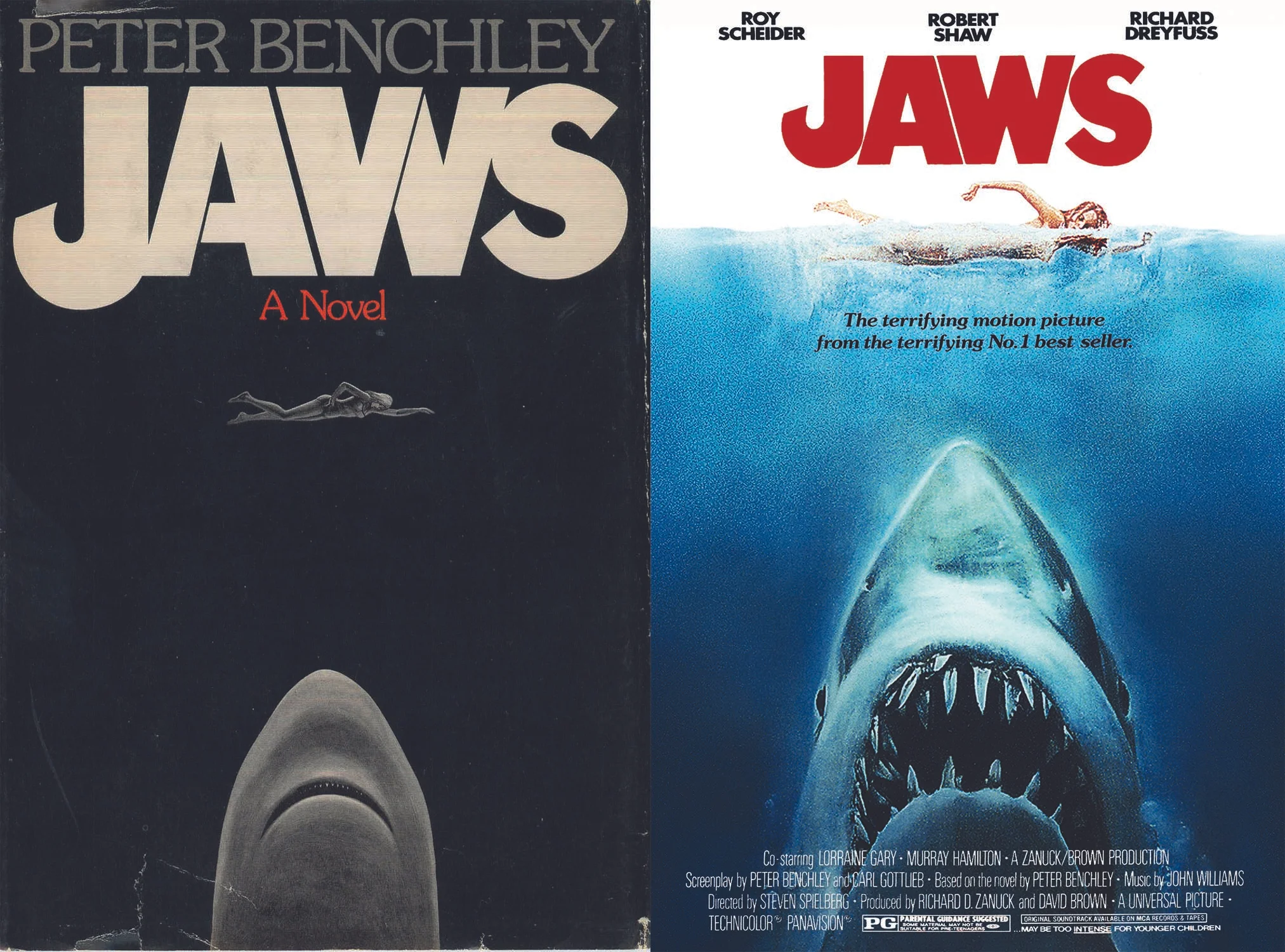 The original book cover (left) with the more recognisable Roger Kastel movie poster (right).