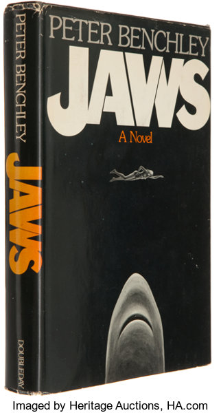 Picture of the 1974 first edition dust jacket for Jaws.