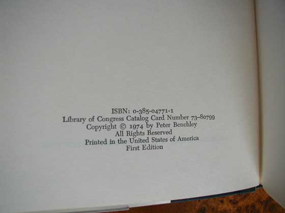 Picture of the first edition copyright page for Jaws.