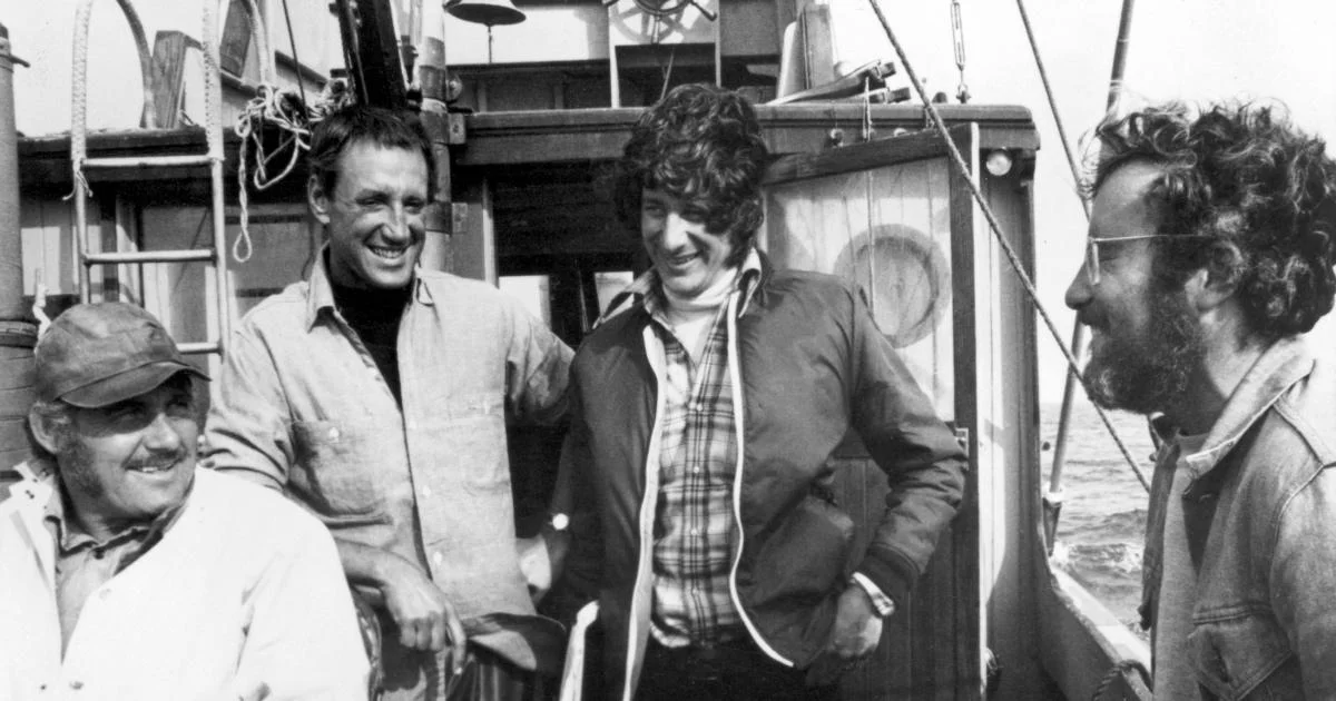 Richard Dreyfuss on the set of Jaws with (L-R) Robert Shaw, Roy Scheider and Steven Spielberg