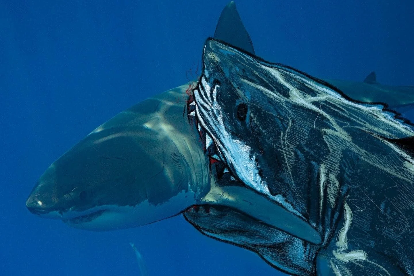 DOES PHOTOGRAPH OF BITTEN GREAT WHITE SHARK SUGGEST SHARKS THE SIZE OF 'JAWS' EXIST? 