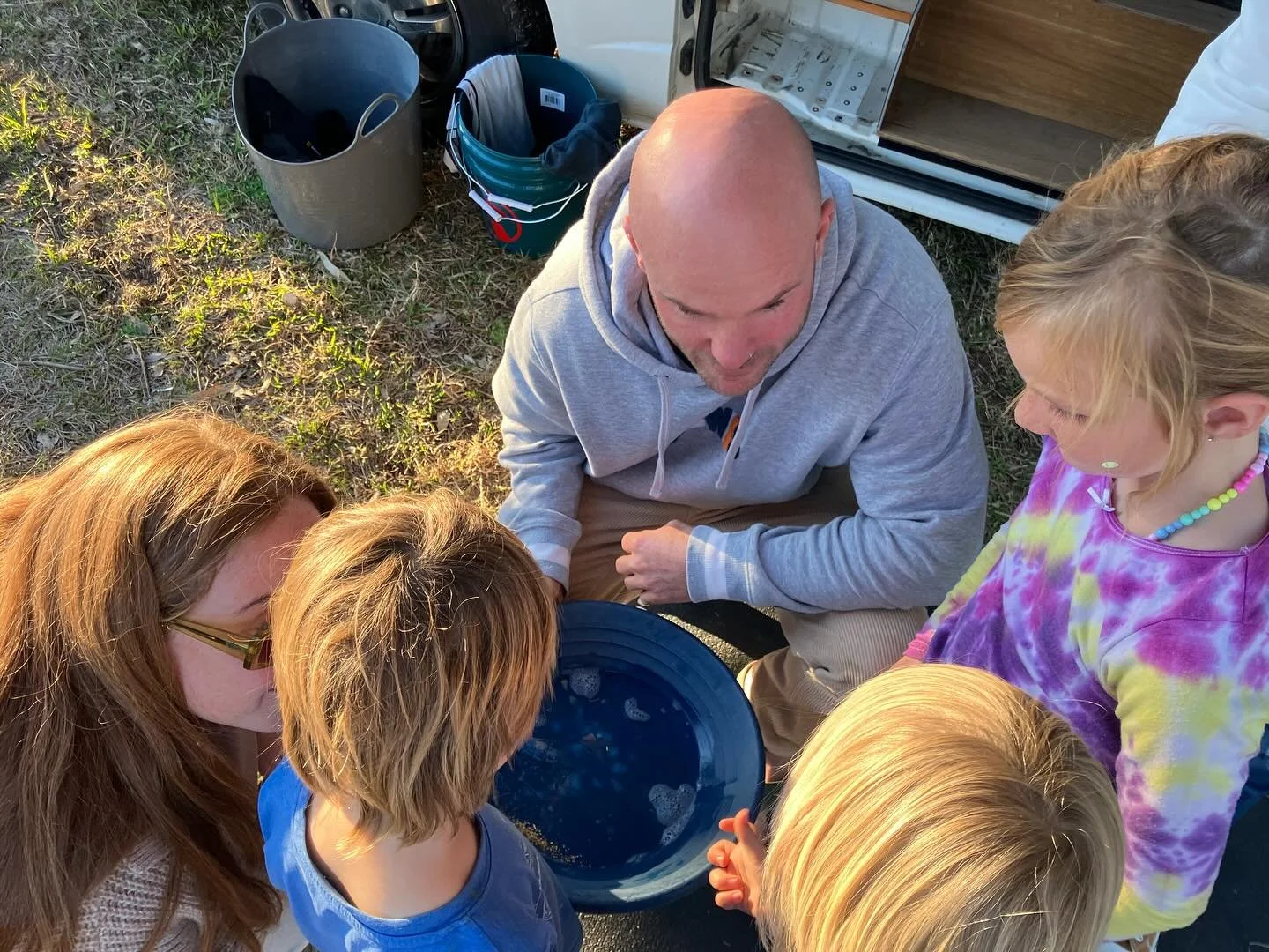 Gathered around Trent&rsquo;s camp to see what gold he found in the river that day. Trent is a regular character at Rocky River, and we love hearing about his adventures in the water &mdash; with catfish, eels, eagles, river prawns, turtles, snakes a