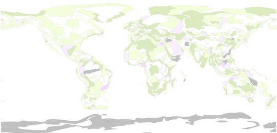 Map showing kracqed (Tellus) Basins coloured hypothetically green for strong geo-technical, purple for strong geo-commercial and grey for basins that (for reasons of hypothetical strategic preference) could be seen as off limits.