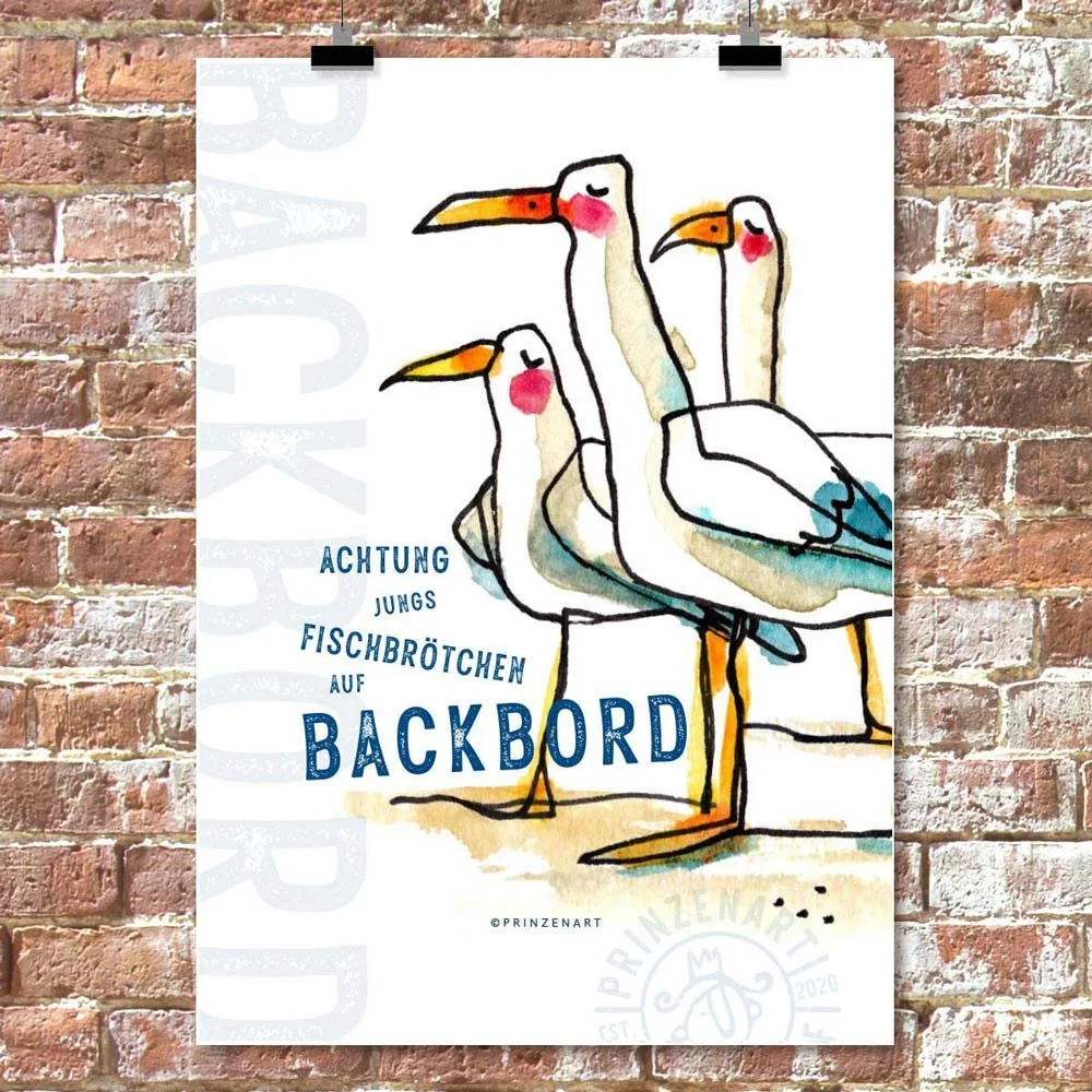 Sommerspruch mit Möwen: Achtung Jungs, Fischbrötchen auf backbord.