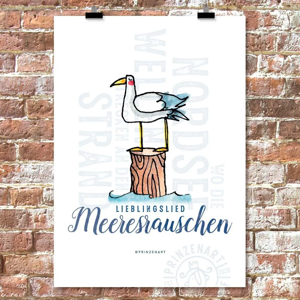 Sommerspruch mit Möwe: Lieblingslied Meeresrauschen.