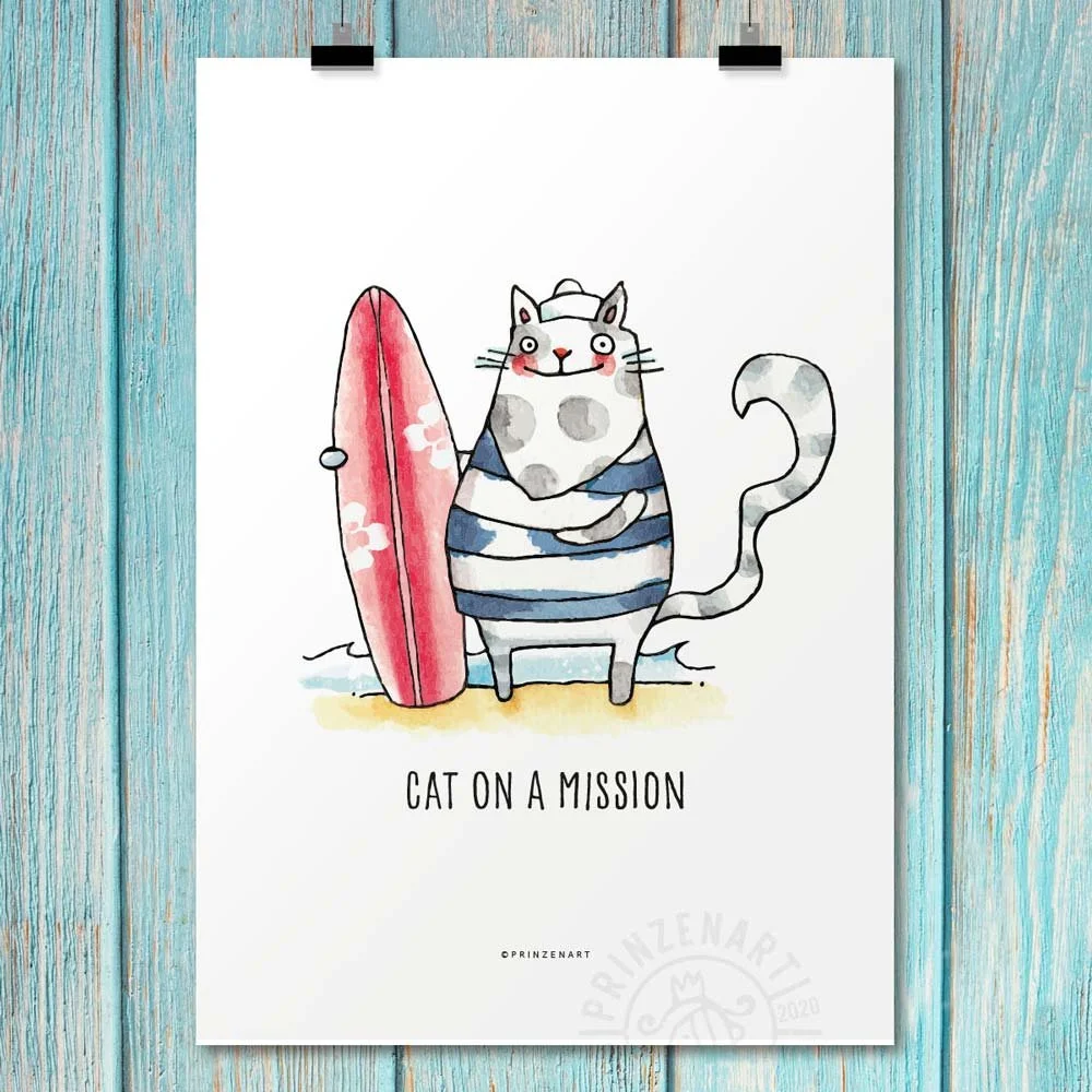 Poster an Clips mit Katze plus Surfbrett
