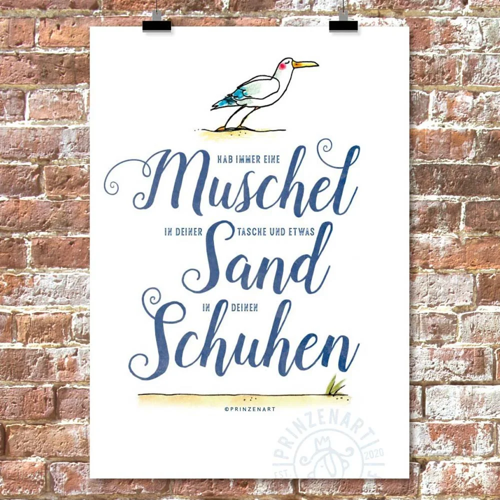 Sommerspruch mit Möwe: Hab immer eine Muschel in deiner Tasche und etwas Sand in den Schuhen.