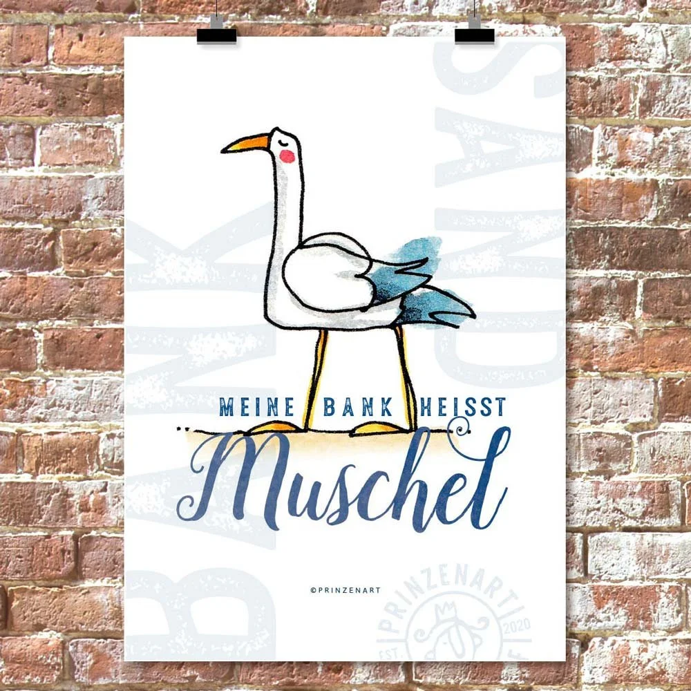 Sommerspruch mit Möwe: Meine Bank heißt Muschel.